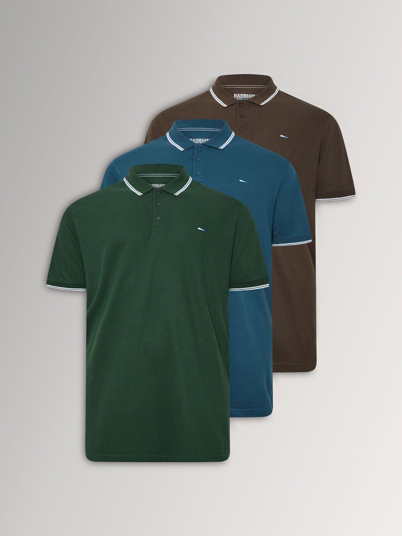BadRhino Mens 3 Pack Tipped Cotton Polo Shirts, Green, Size 4Xl, Men