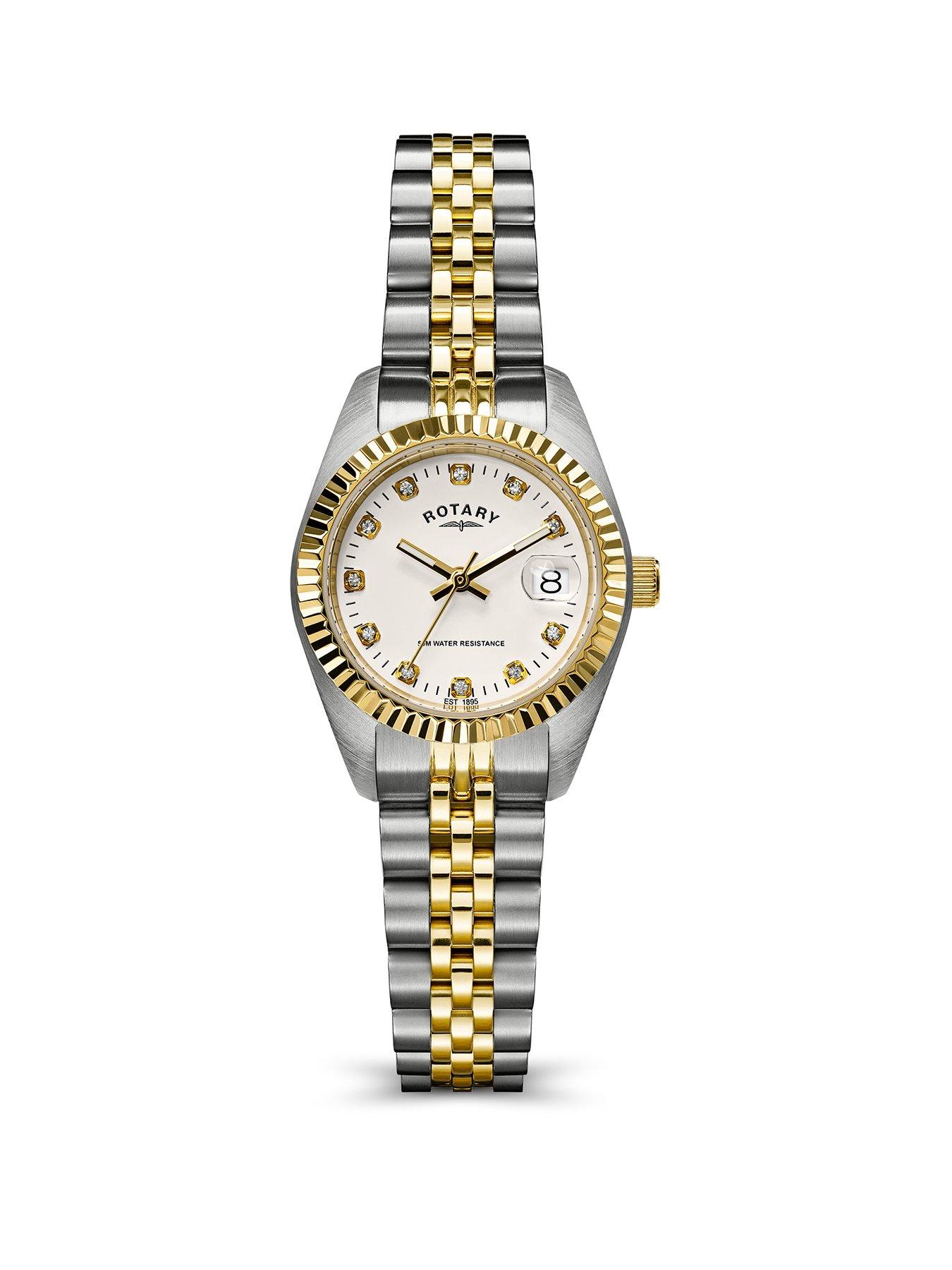 Rotary Rotary Ladies Cocktail Stone Set Dial Two Tone Plated Stainless Steel Bracelet Watch