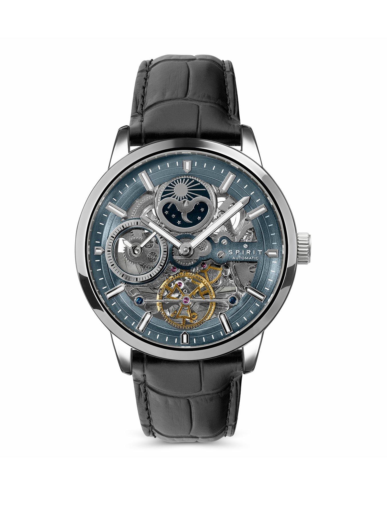 Spirit Spirit Gents Silver Sun Moon Automatic Black Leather Strap Watch