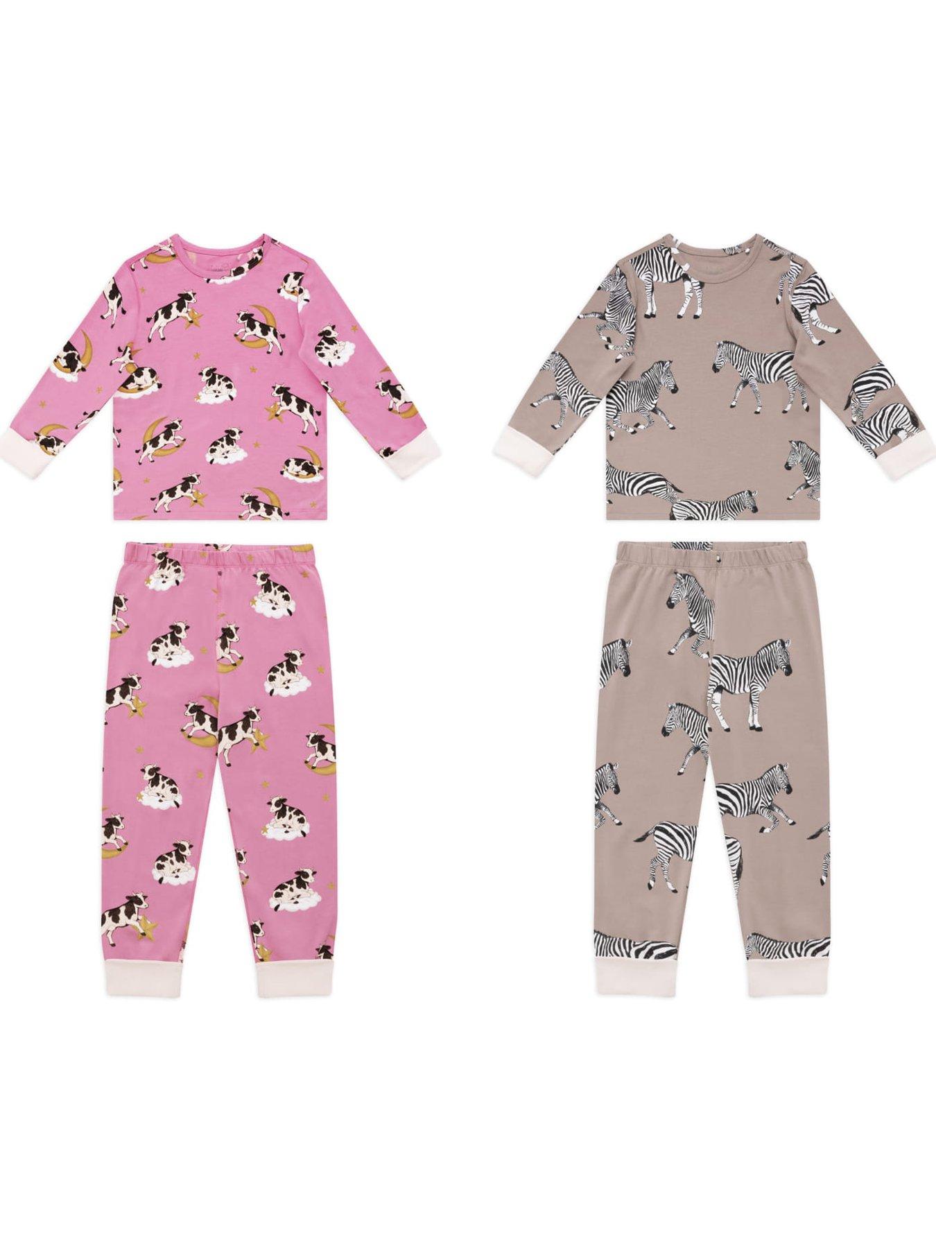 CHELSEA PEERS Chelsea Peers Kids Two Pack Organic Cotton Cosmic Cow / Zebra Print Long Pyjama Set - Taupe