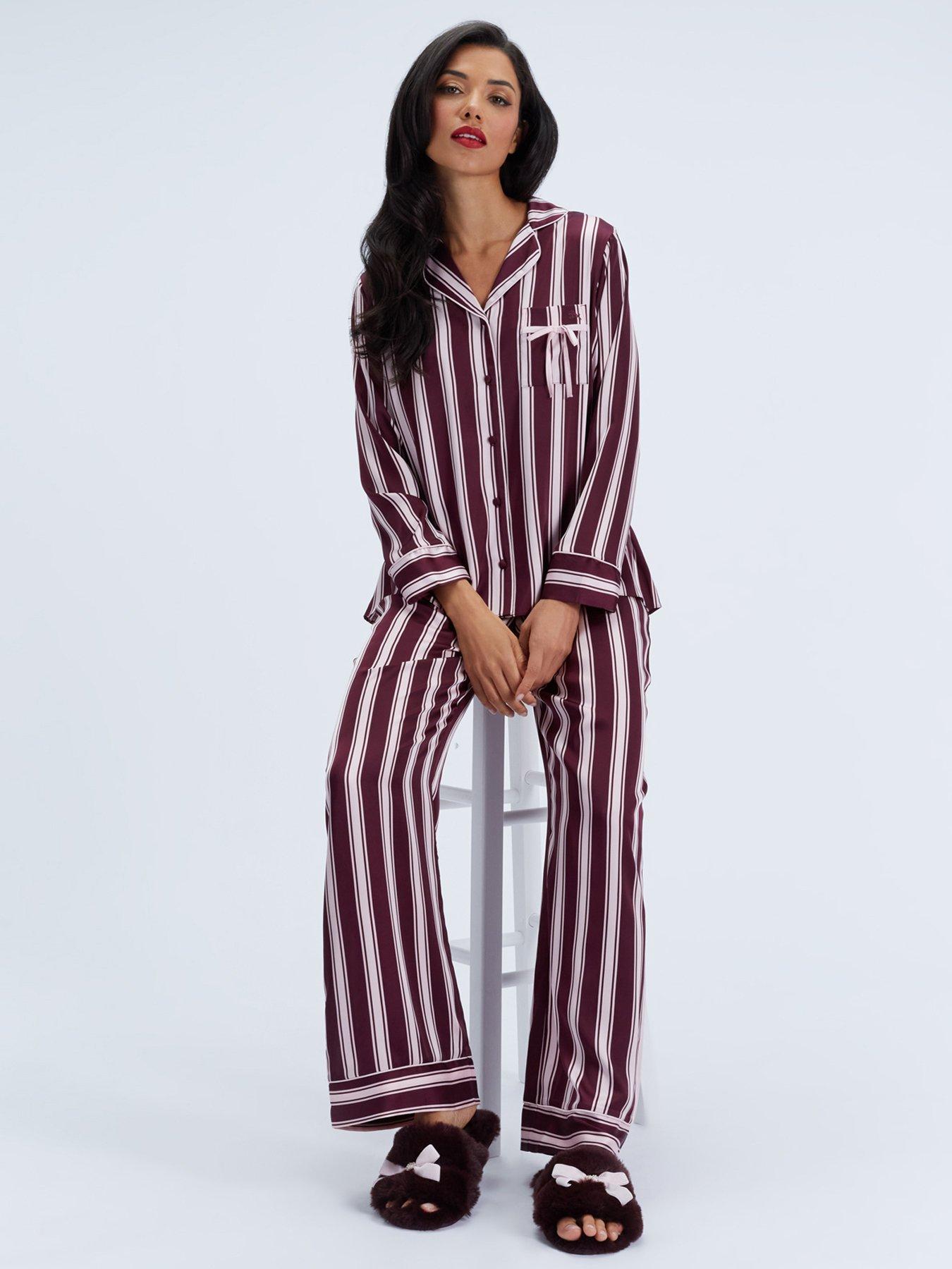 Image 1 of 6 of Boux Avenue Boux Avenue Stripe Satin Oversized Pj Set - Plum