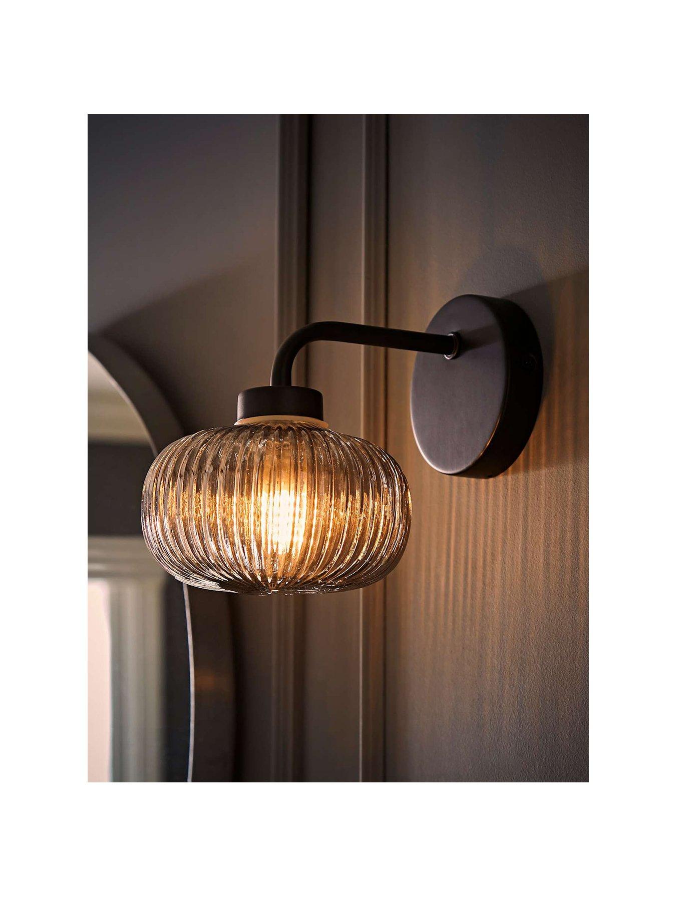 Image 2 of 7 of ValueLights Amaia Matt Black IP44 Wall Light with Smoked Ribbed Glass