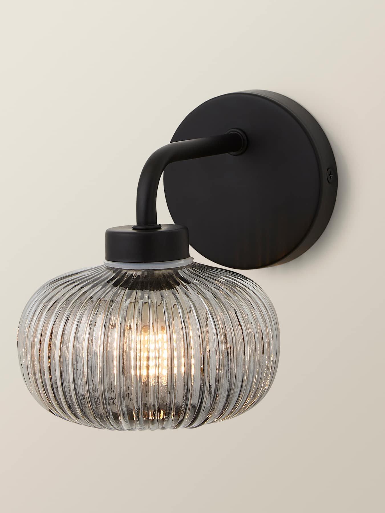 Image 3 of 7 of ValueLights Amaia Matt Black IP44 Wall Light with Smoked Ribbed Glass