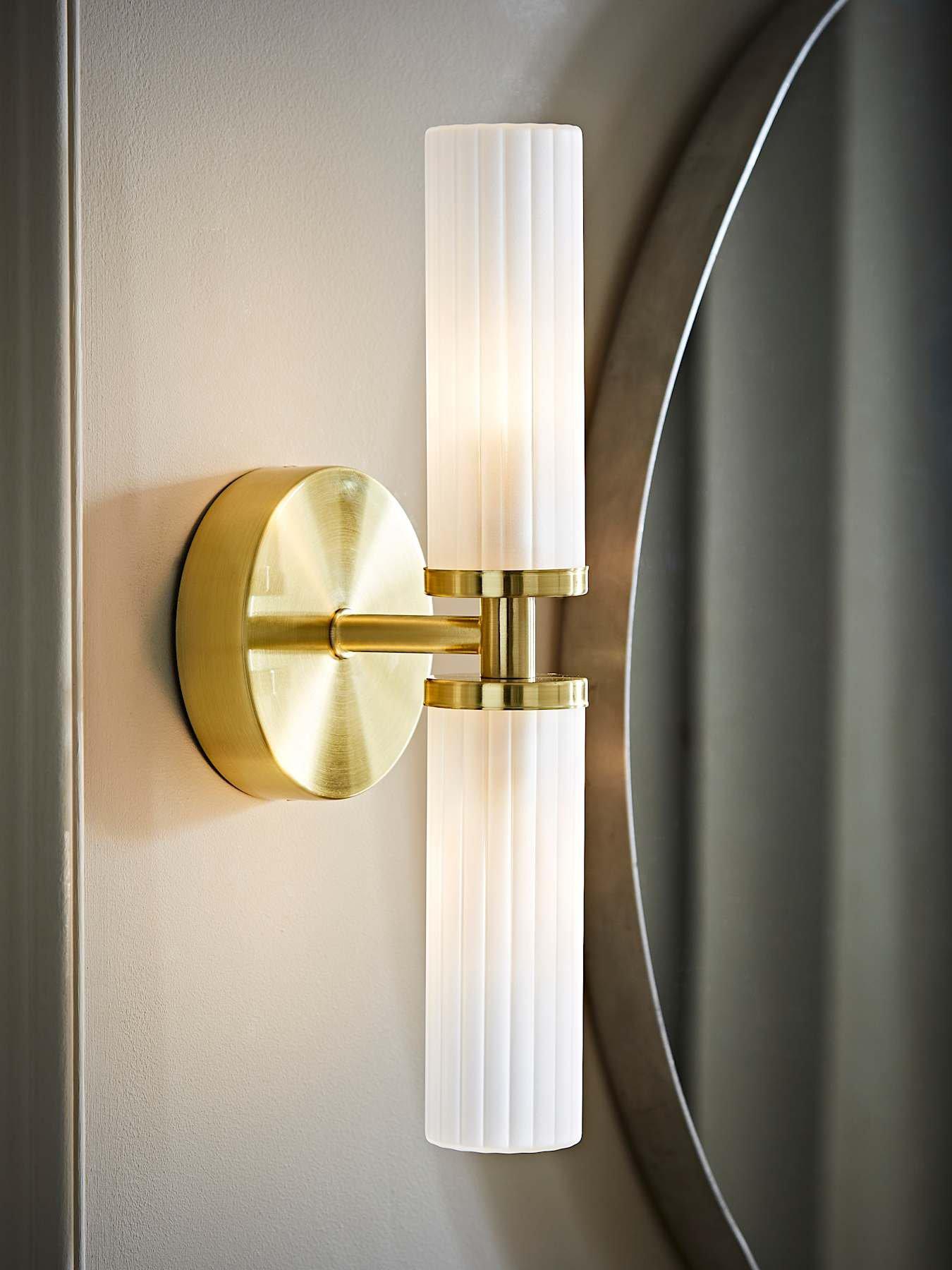 Image 1 of 6 of ValueLights Canya IP44 2 way  Brushed Gold  wall light with reeded glass