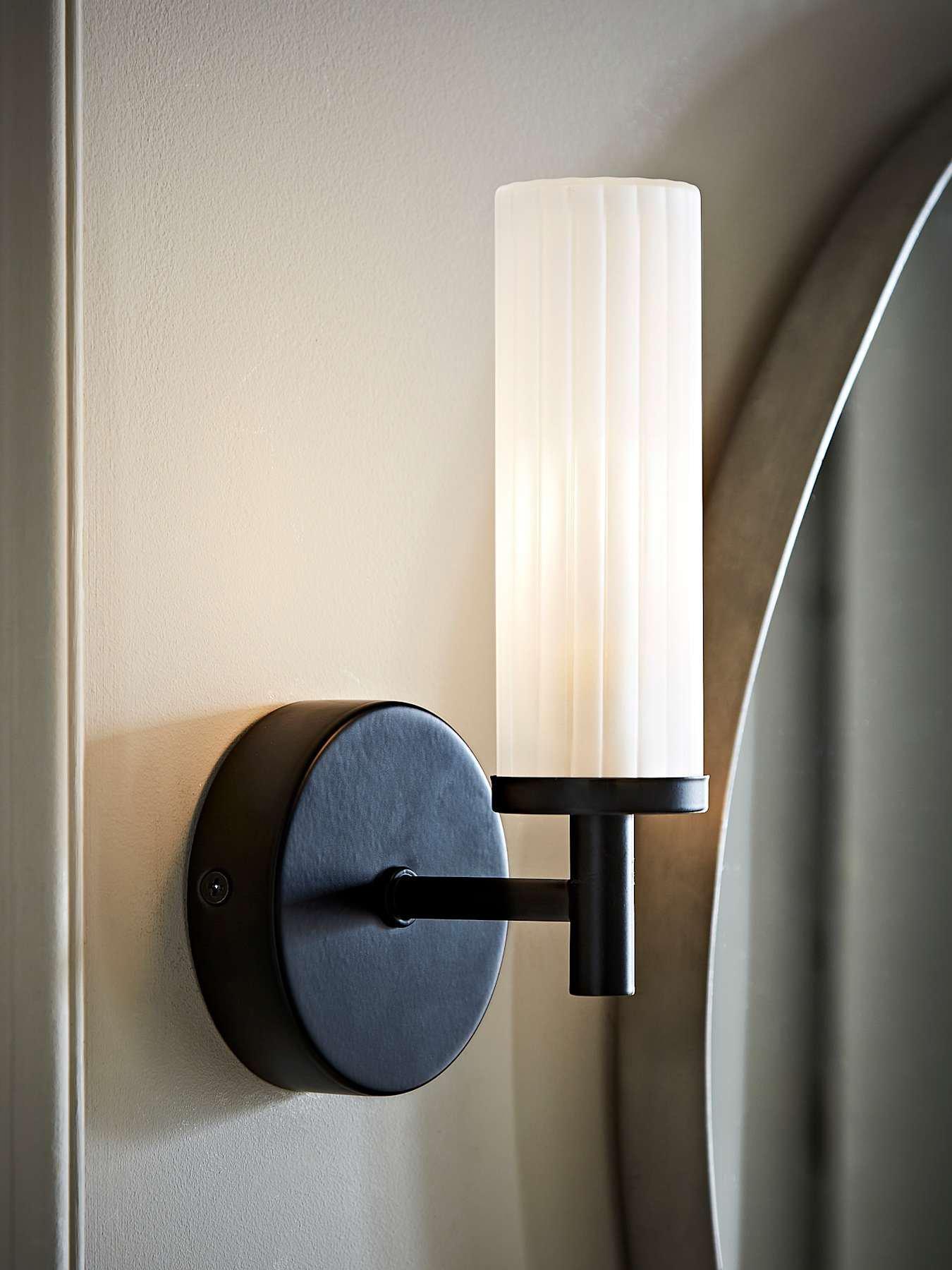 Image 1 of 6 of ValueLights Canya IP44 Matt Black wall light with reeded glass