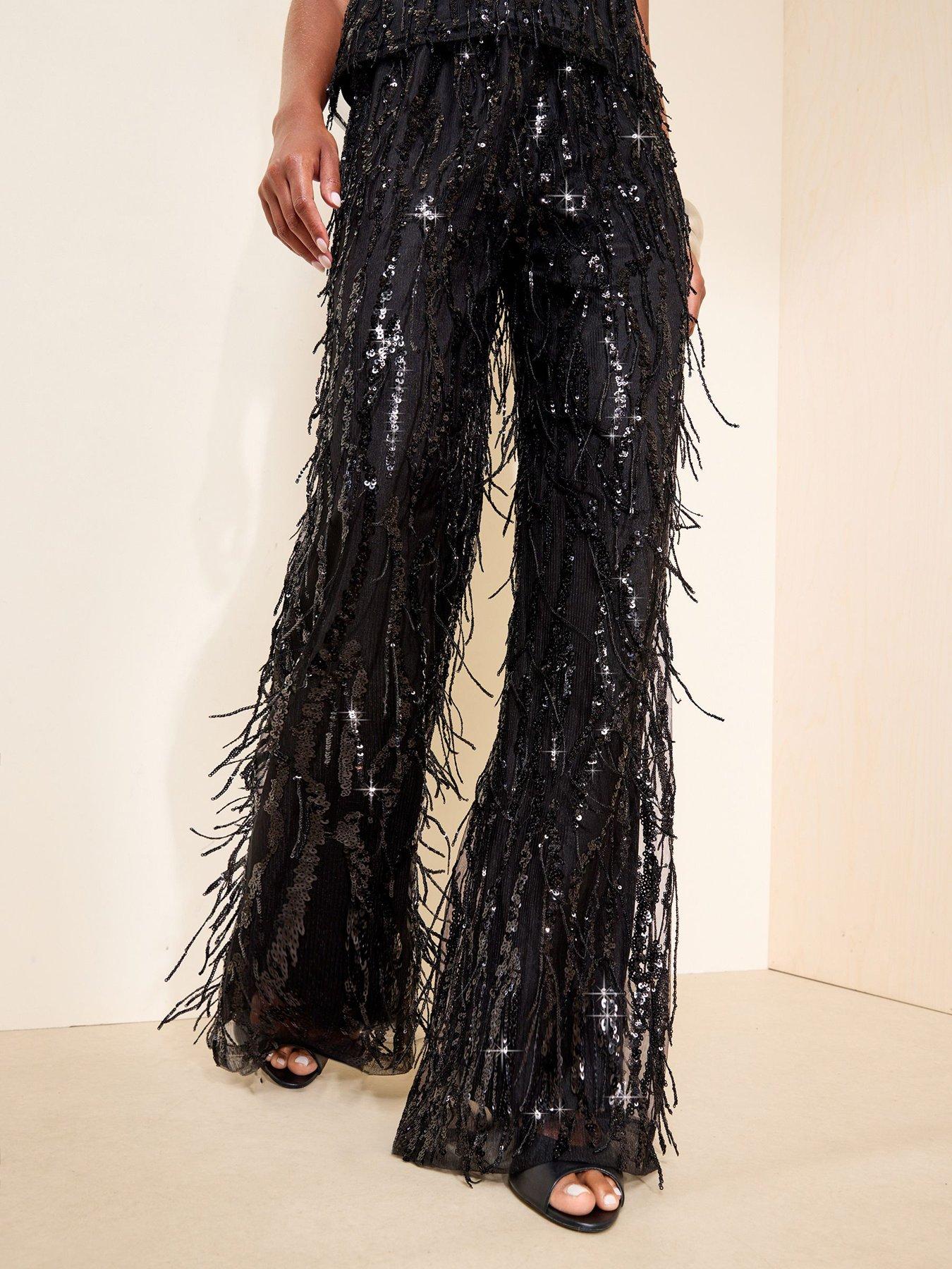 Image 1 of 4 of Friends Like These Womens Sequin Fringe Tassel Wide Leg Trousers - Black