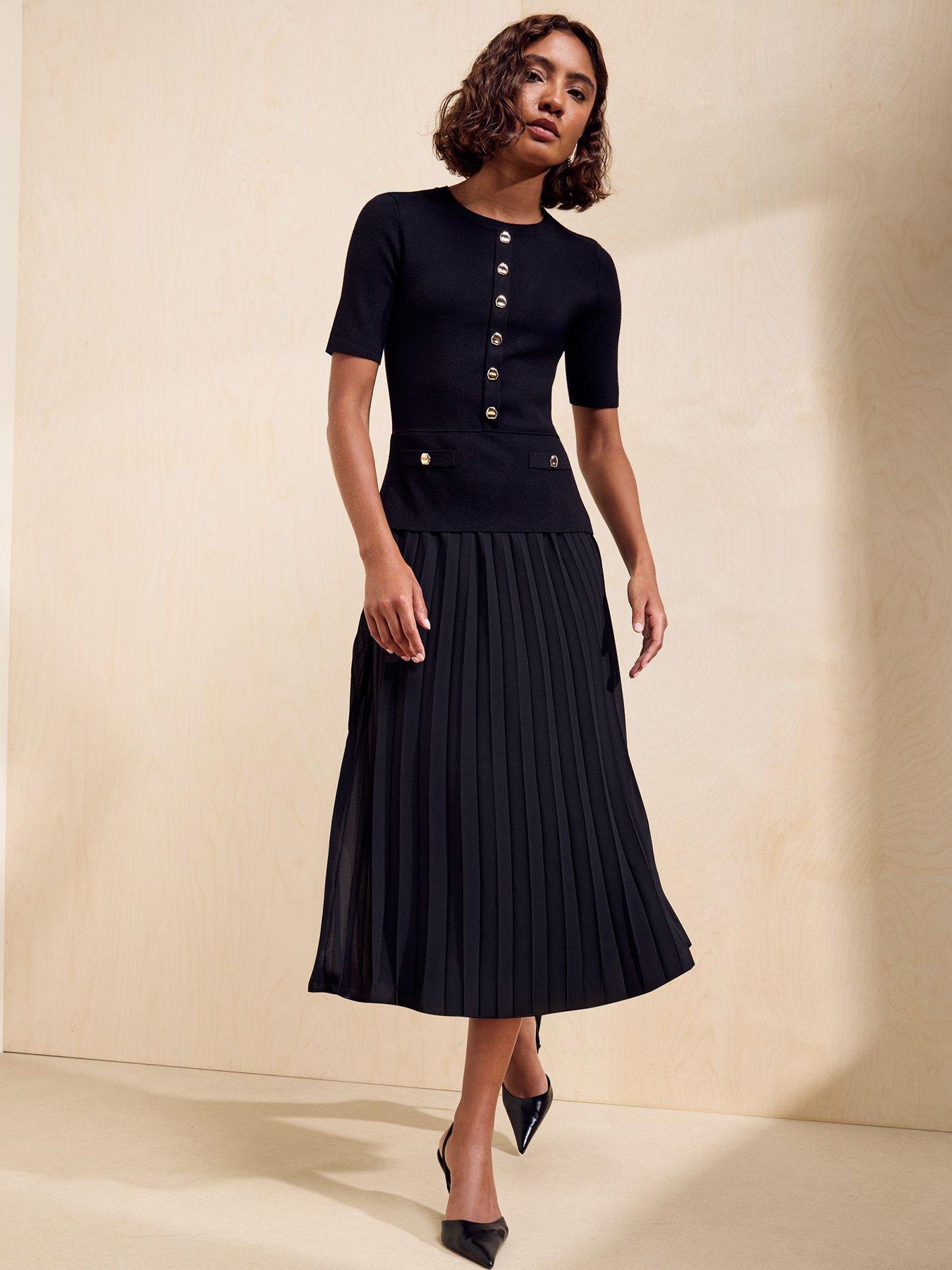 Image 1 of 5 of Friends Like These Womens 2 In 1 Button Detail Pleated Midi Dress - Black
