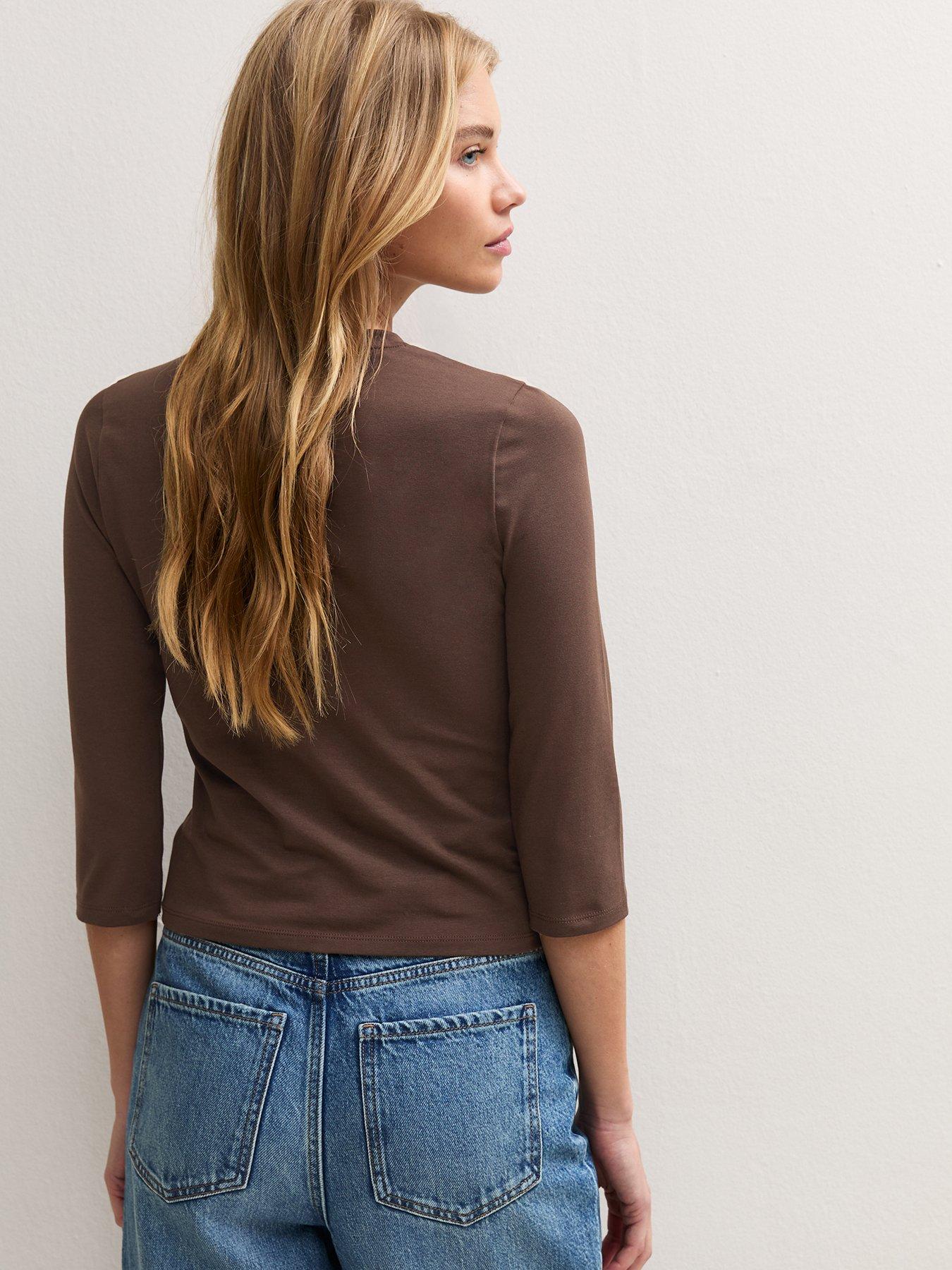 Image 2 of 5 of New Look Womens Cotton Rich 3/4 Length Sleeve V Neck Top - Brown