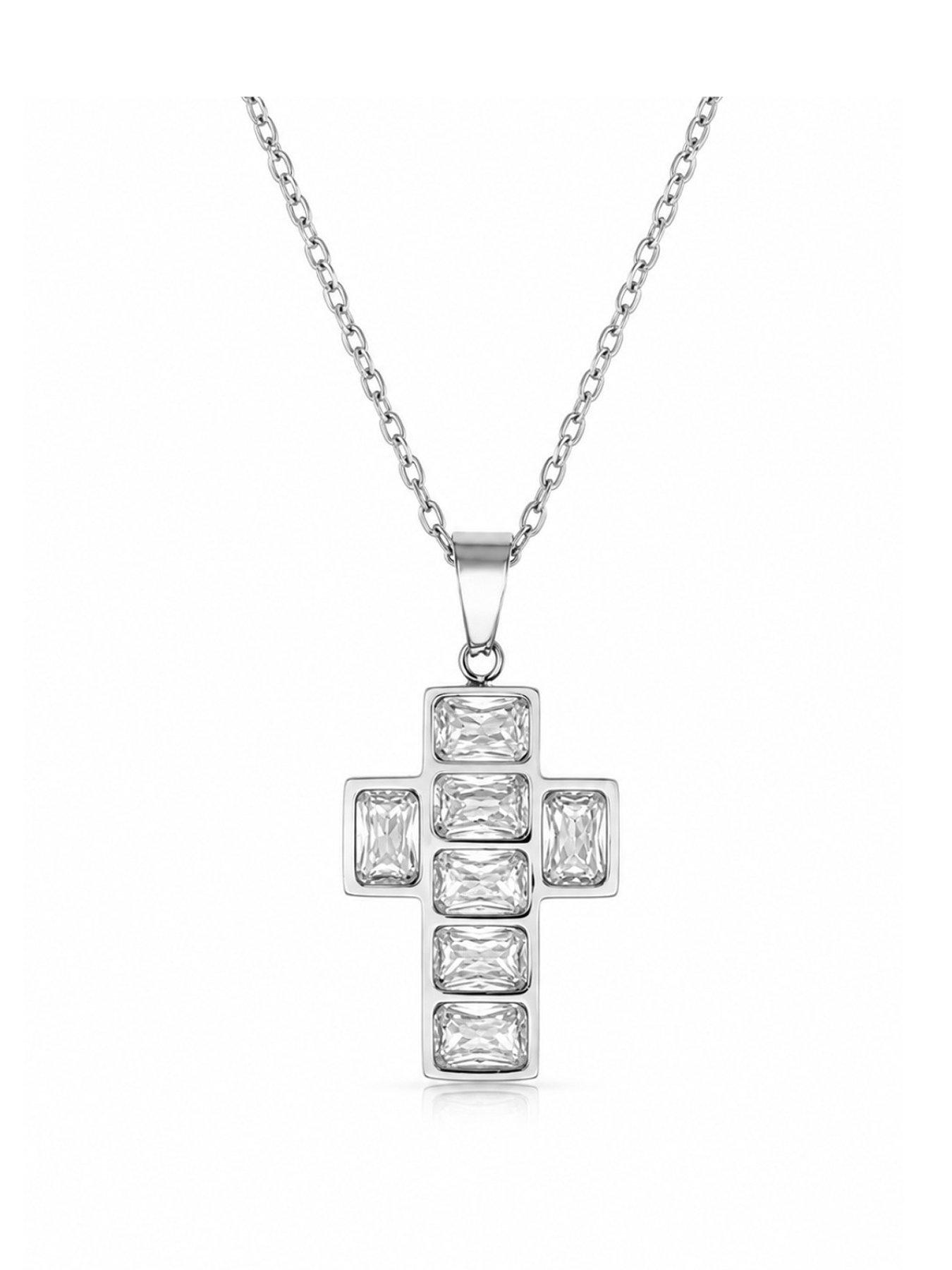 Image 1 of 2 of Say It With Womens Emerald-Cut Stone Cross Necklace - Silver