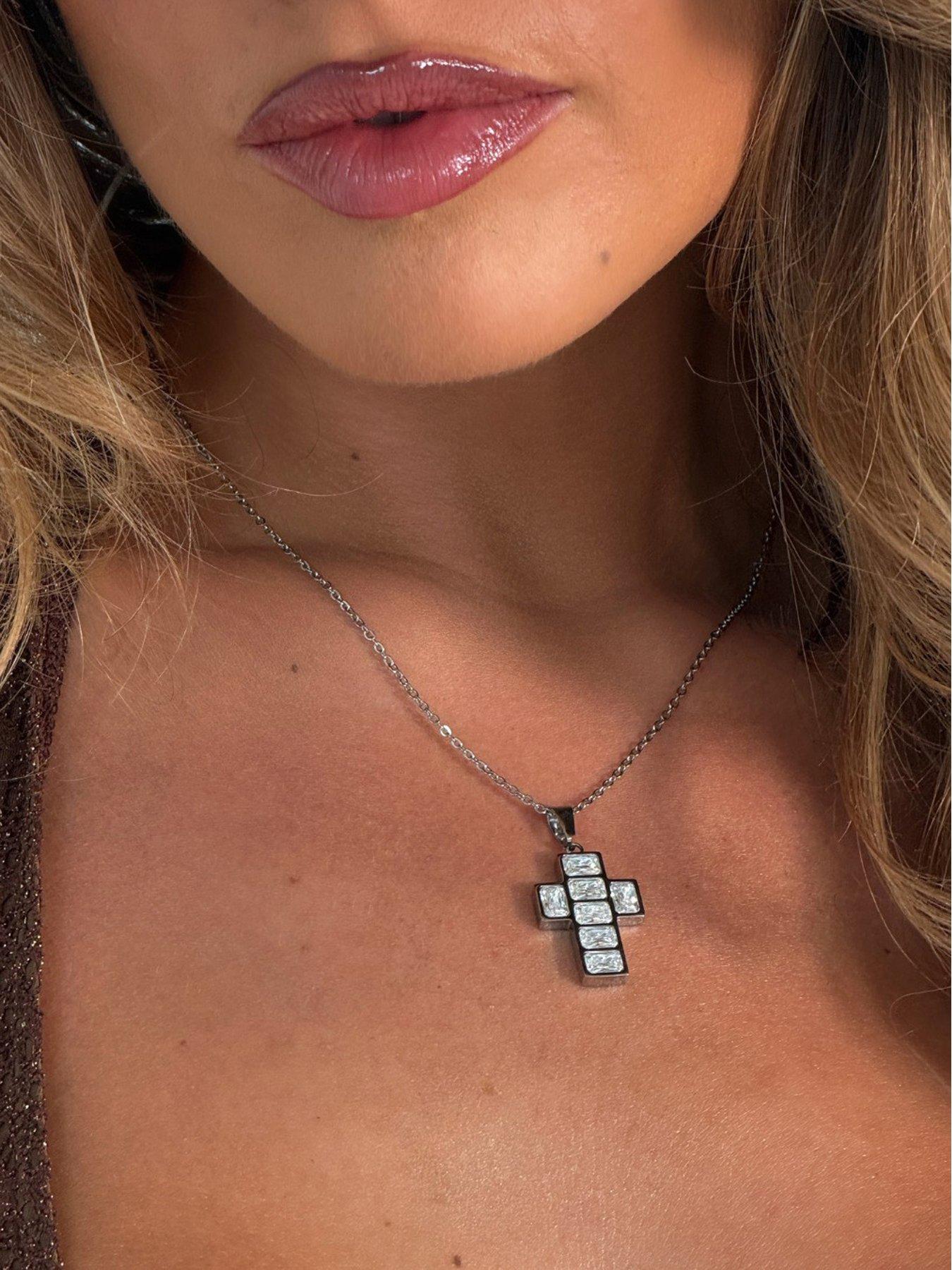 Image 2 of 2 of Say It With Womens Emerald-Cut Stone Cross Necklace - Silver