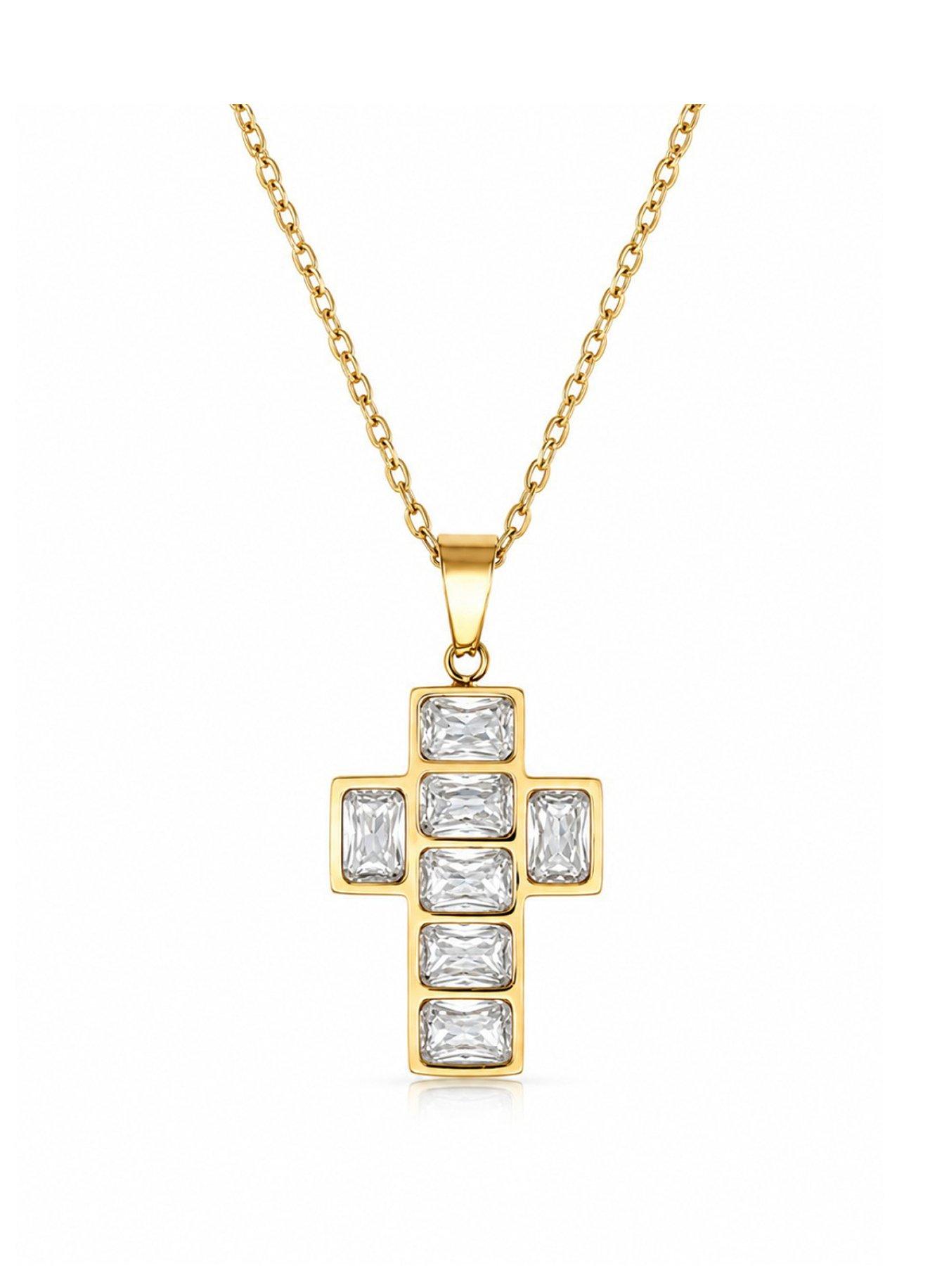 Say It With Womens Emerald Cut Gem Cross Necklace - Gold