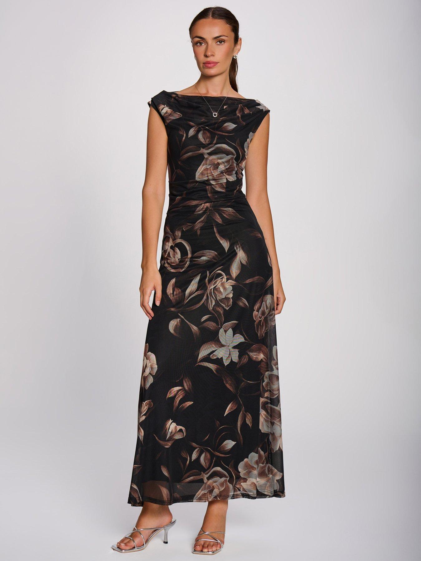 Image 1 of 6 of Jolie Moi Womens Multiway Neck Mesh Ruched Maxi Dress - Brown