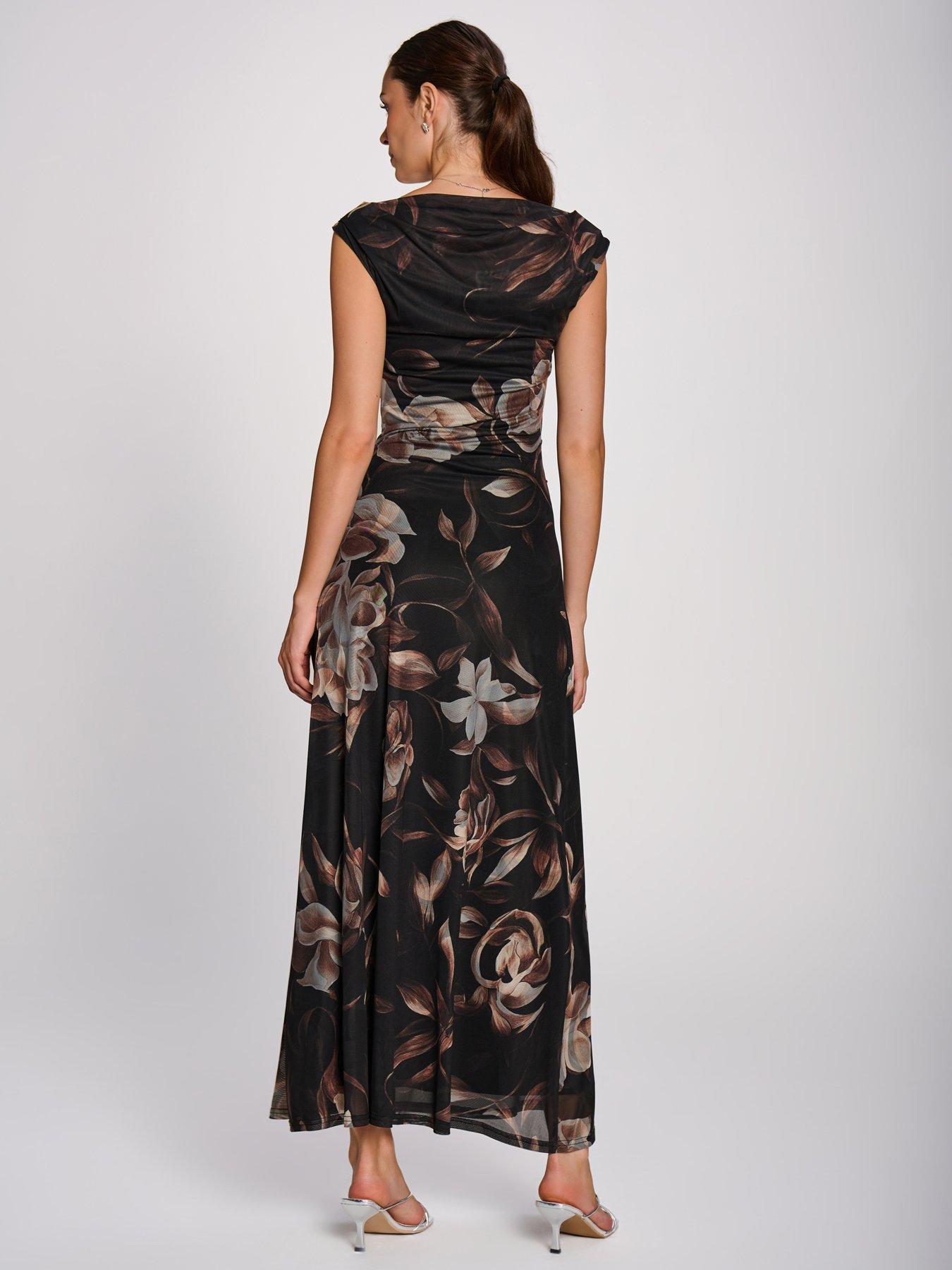 Image 2 of 6 of Jolie Moi Womens Multiway Neck Mesh Ruched Maxi Dress - Brown