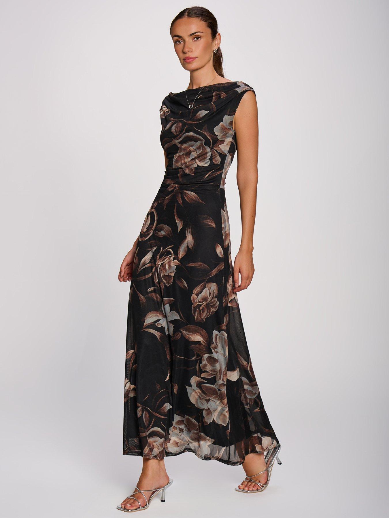 Image 5 of 6 of Jolie Moi Womens Multiway Neck Mesh Ruched Maxi Dress - Brown