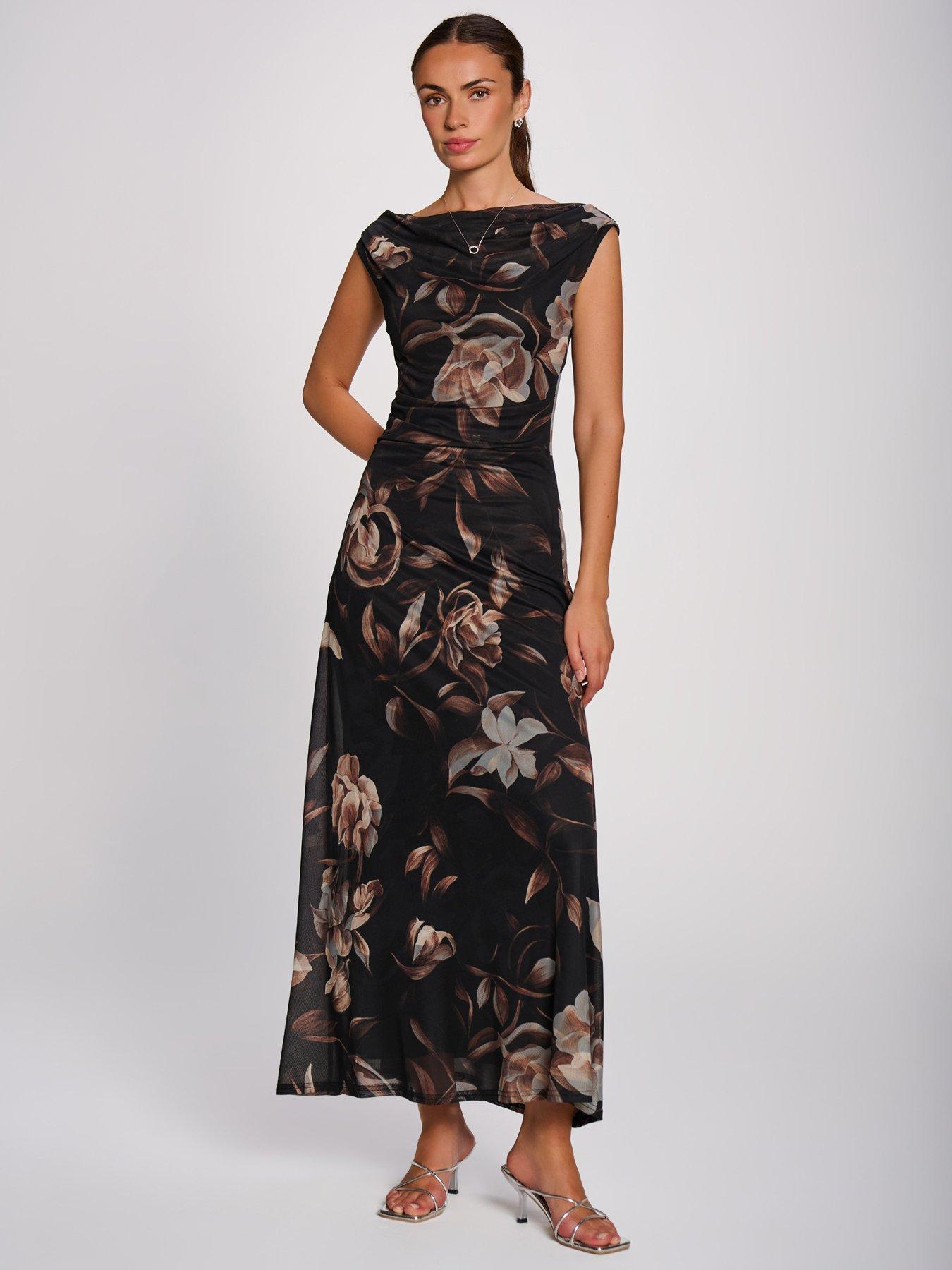 Image 6 of 6 of Jolie Moi Womens Multiway Neck Mesh Ruched Maxi Dress - Brown