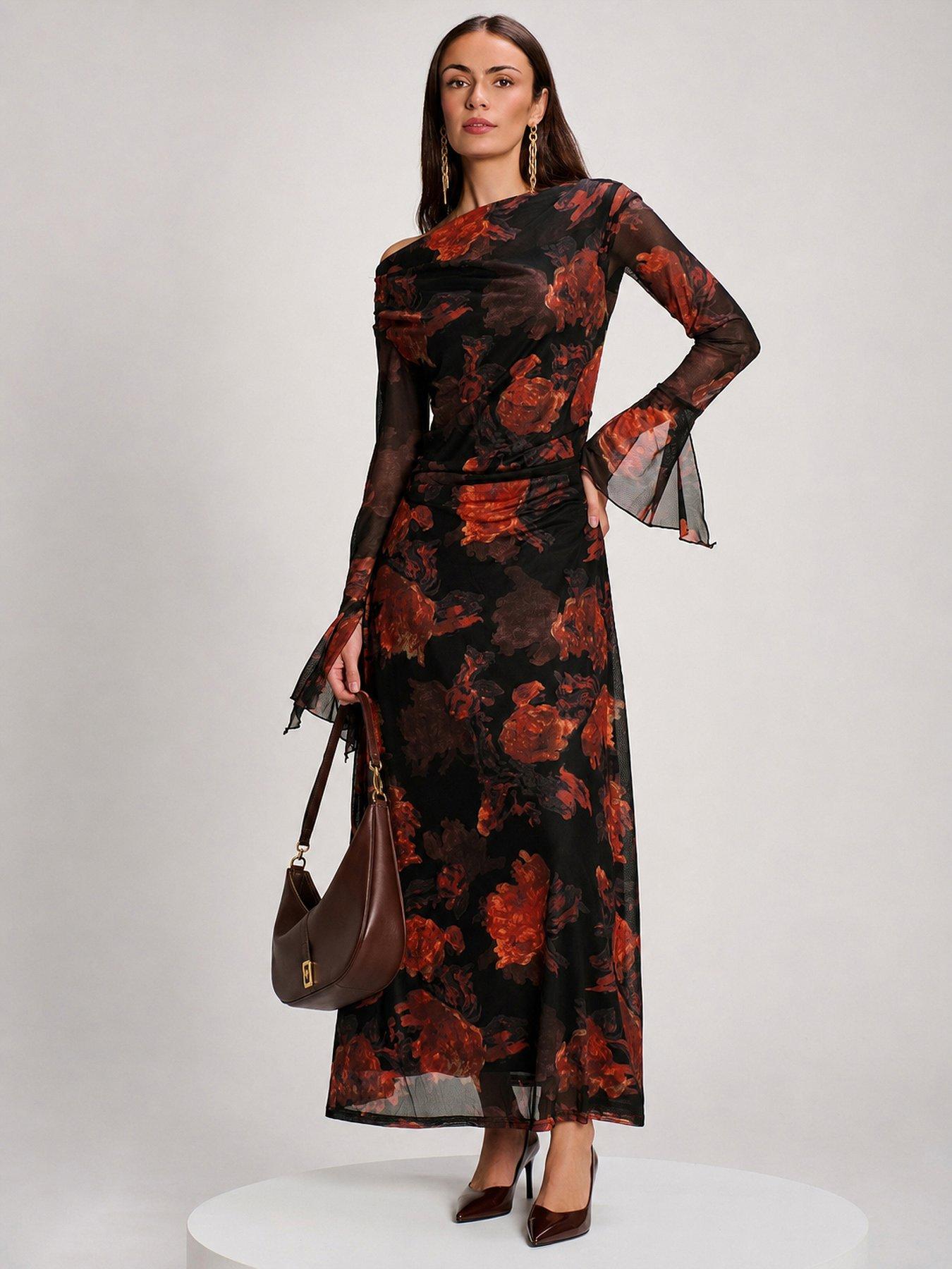 Image 1 of 6 of Jolie Moi Womens Slash Neck Flared Cuff Maxi Dress - Black