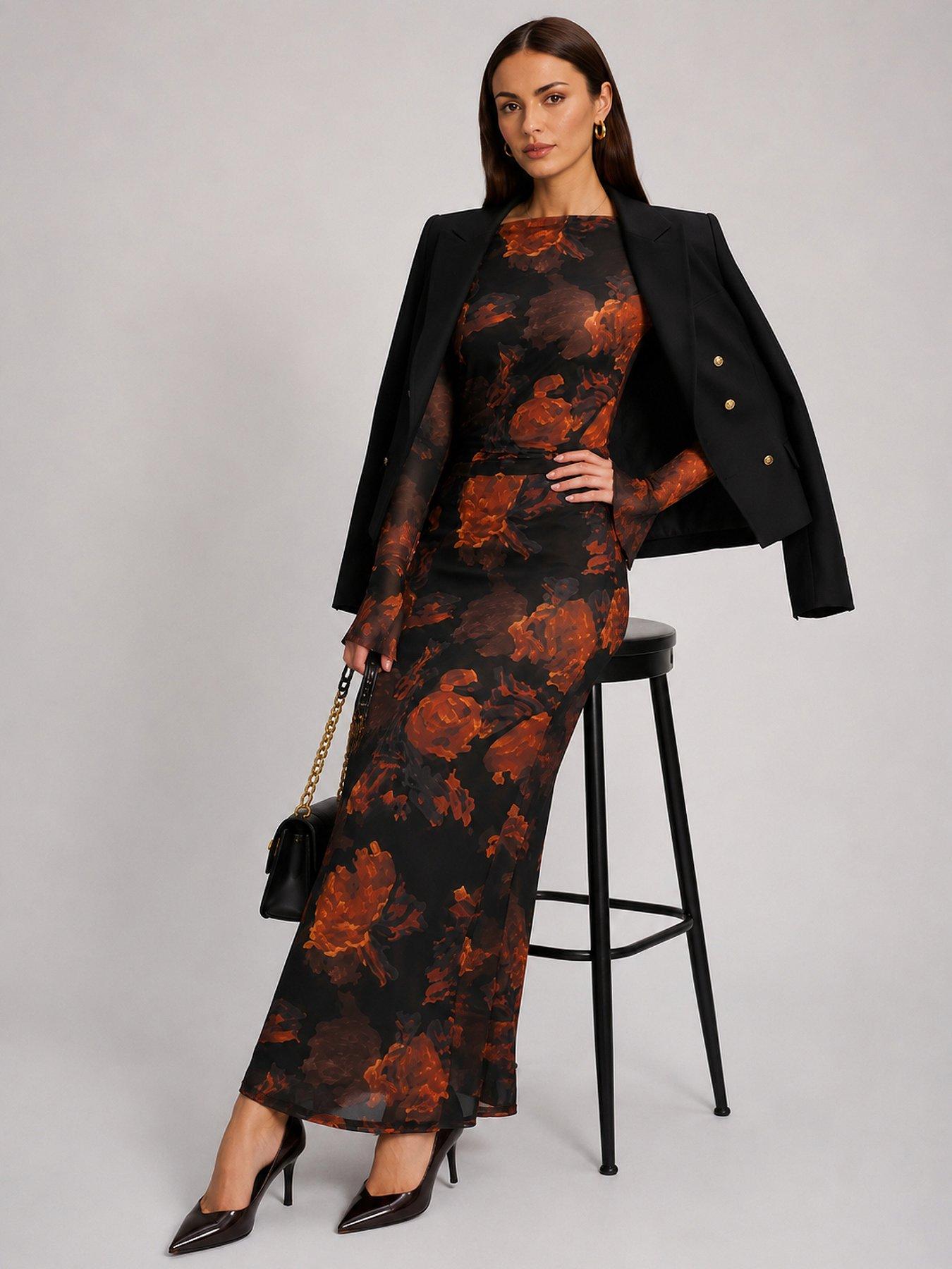 Image 3 of 6 of Jolie Moi Womens Slash Neck Flared Cuff Maxi Dress - Black