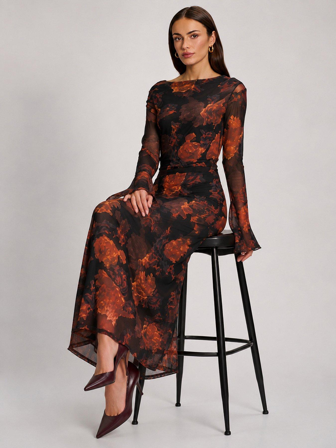 Image 6 of 6 of Jolie Moi Womens Slash Neck Flared Cuff Maxi Dress - Black