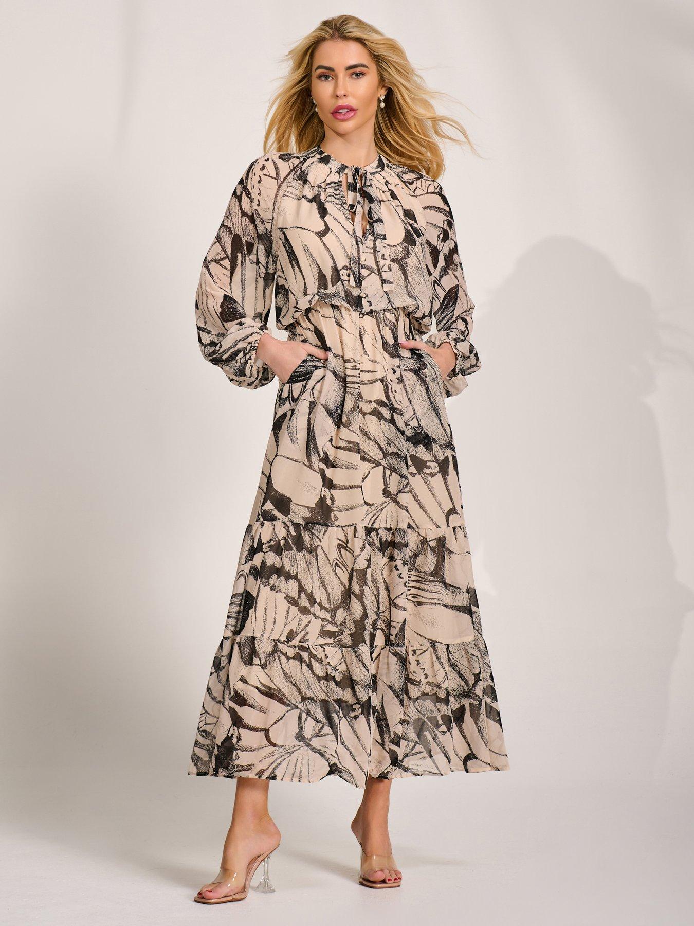 Image 1 of 6 of Jolie Moi Womens Tie Neck Tiered Maxi Dress - Cream