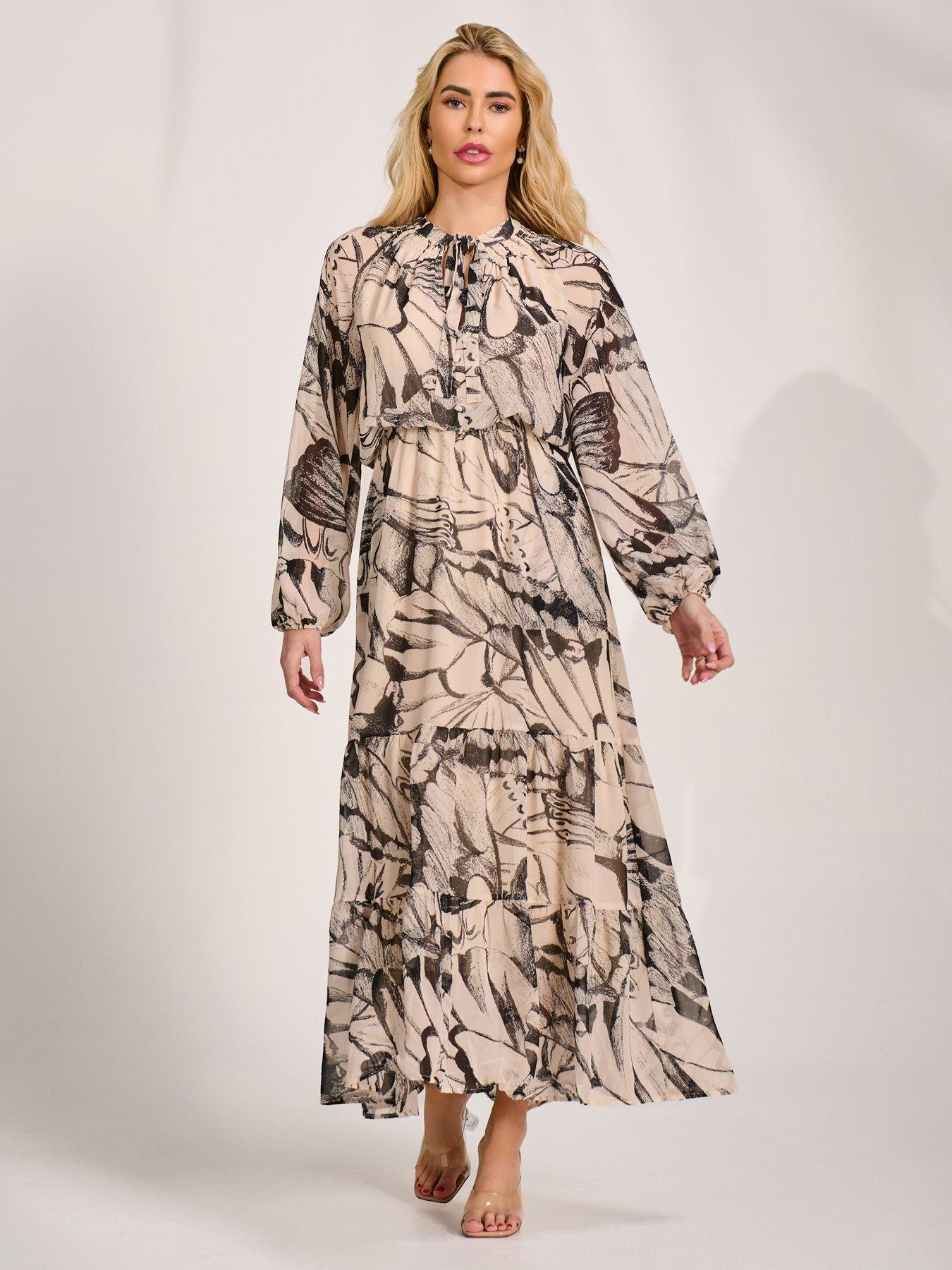 Image 3 of 6 of Jolie Moi Womens Tie Neck Tiered Maxi Dress - Cream