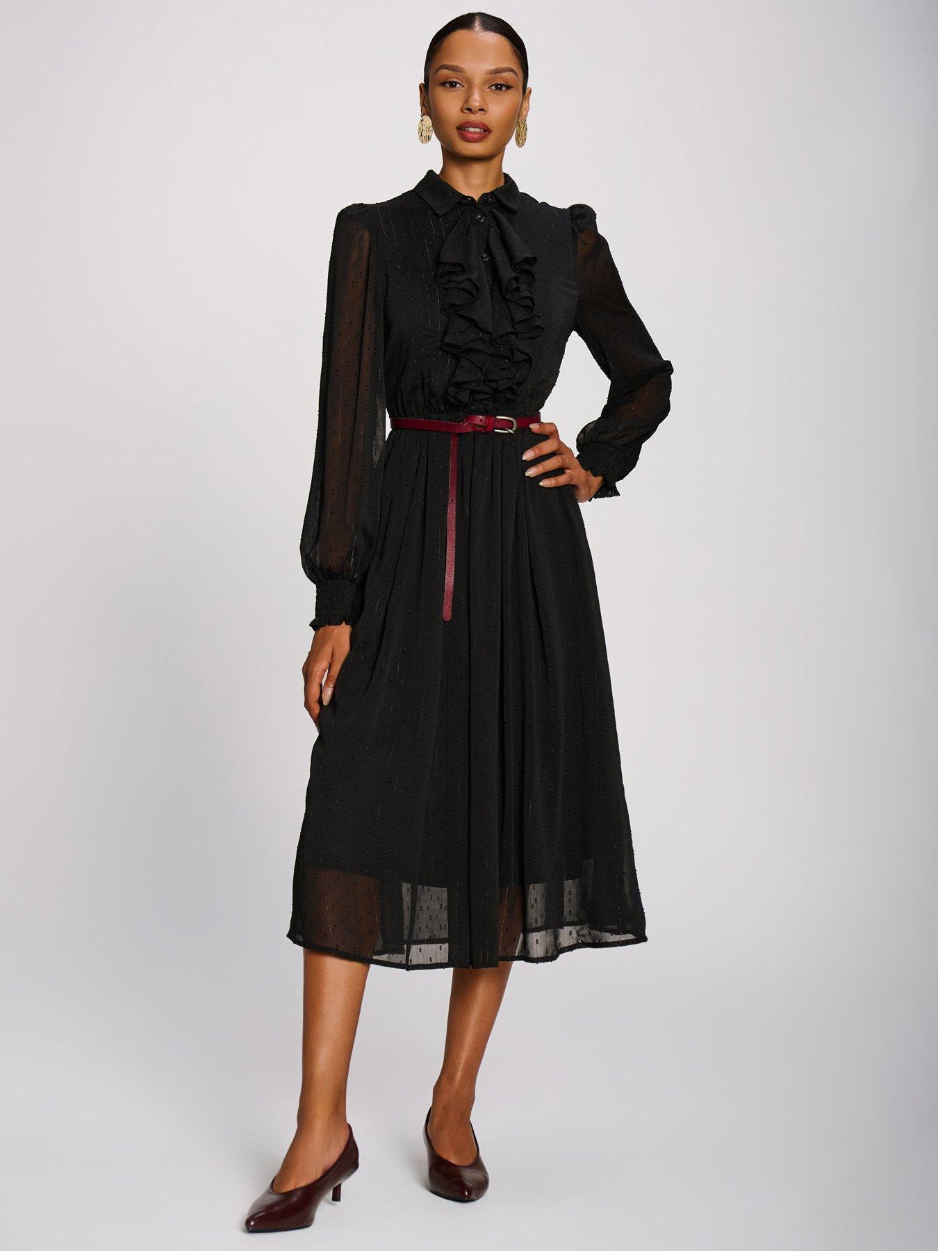 Image 1 of 7 of Jolie Moi Womens Textured Chiffon Tie Neck Ruffle Shirt Dress - Black