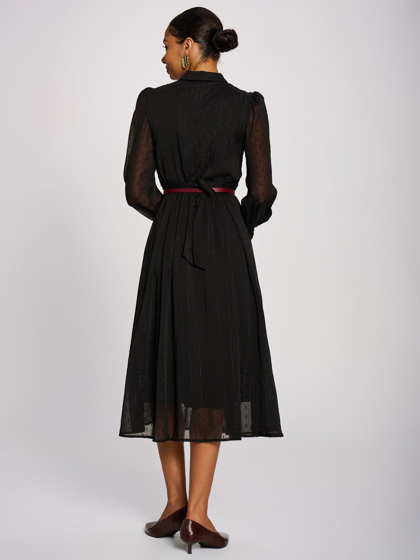 Image 2 of 7 of Jolie Moi Womens Textured Chiffon Tie Neck Ruffle Shirt Dress - Black