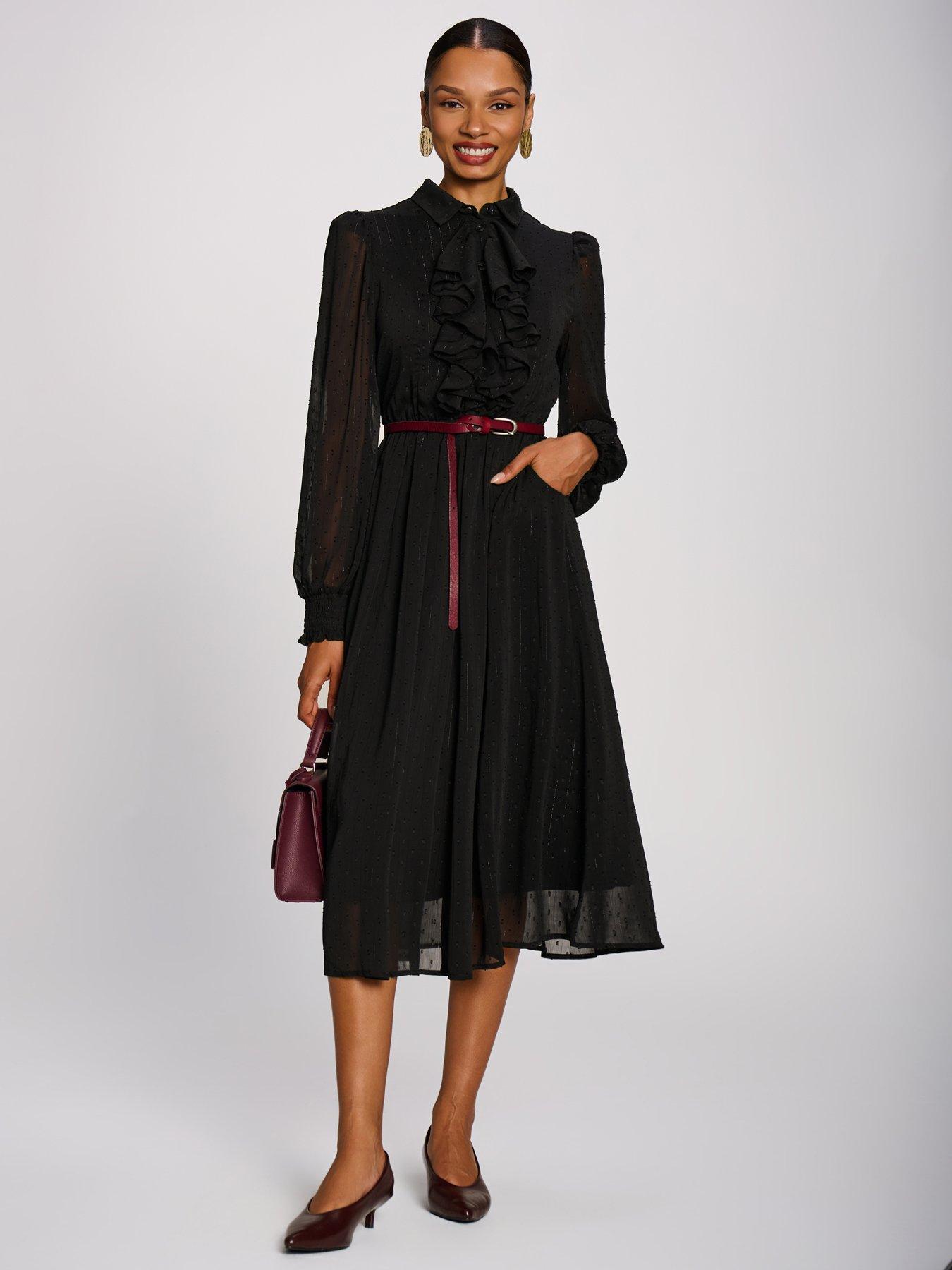 Image 3 of 7 of Jolie Moi Womens Textured Chiffon Tie Neck Ruffle Shirt Dress - Black