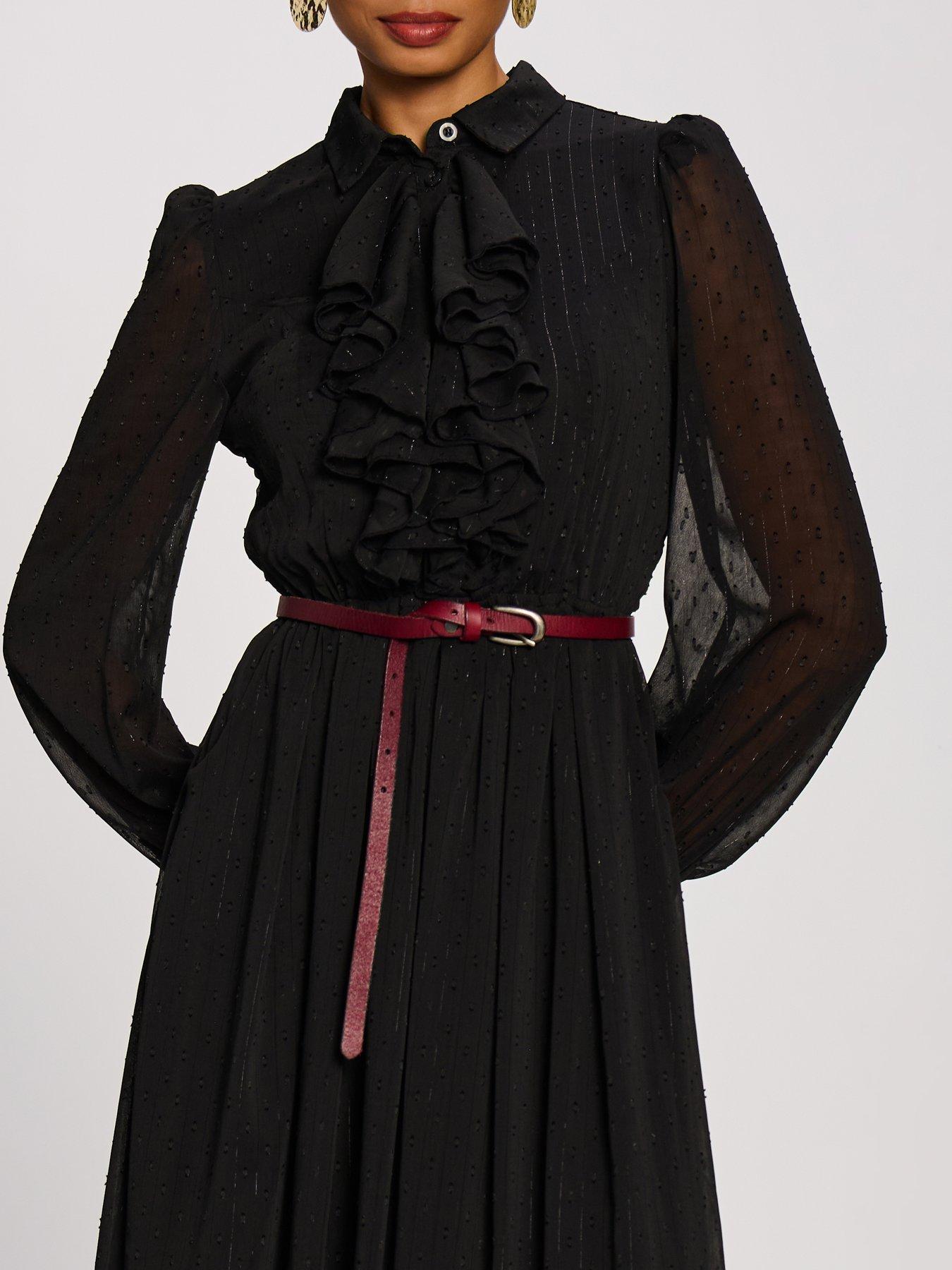 Image 4 of 7 of Jolie Moi Womens Textured Chiffon Tie Neck Ruffle Shirt Dress - Black