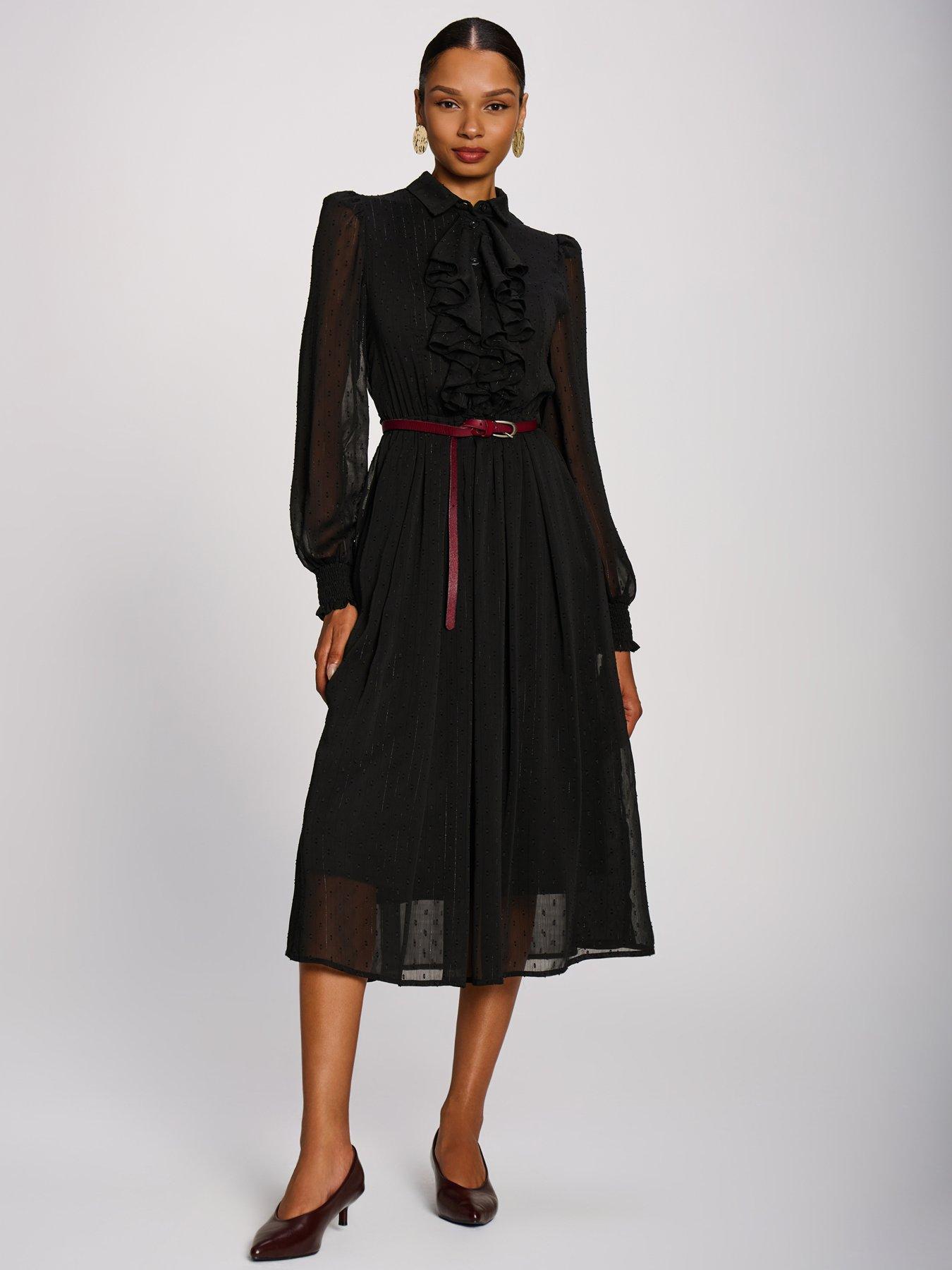 Image 5 of 7 of Jolie Moi Womens Textured Chiffon Tie Neck Ruffle Shirt Dress - Black
