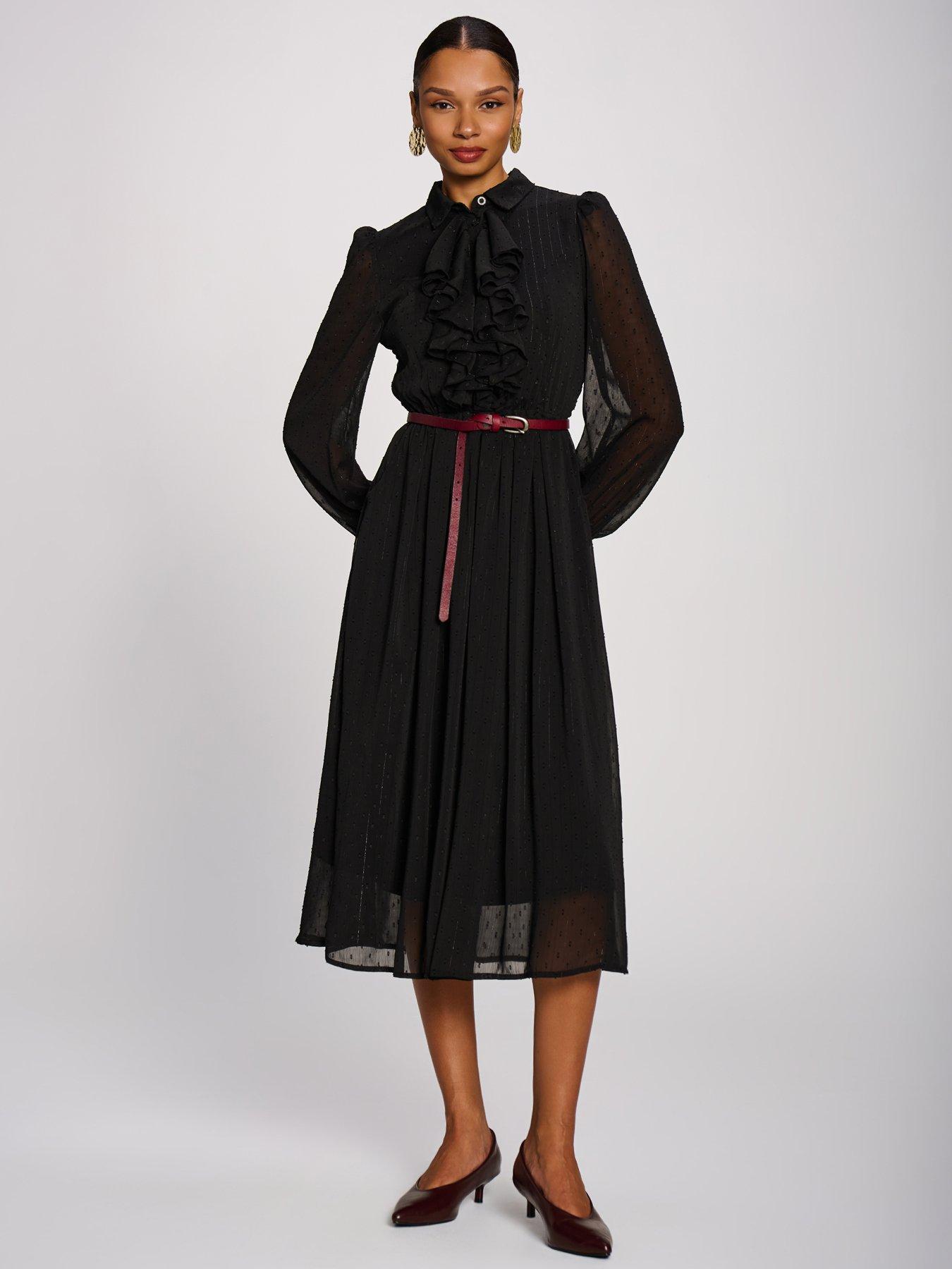 Image 6 of 7 of Jolie Moi Womens Textured Chiffon Tie Neck Ruffle Shirt Dress - Black