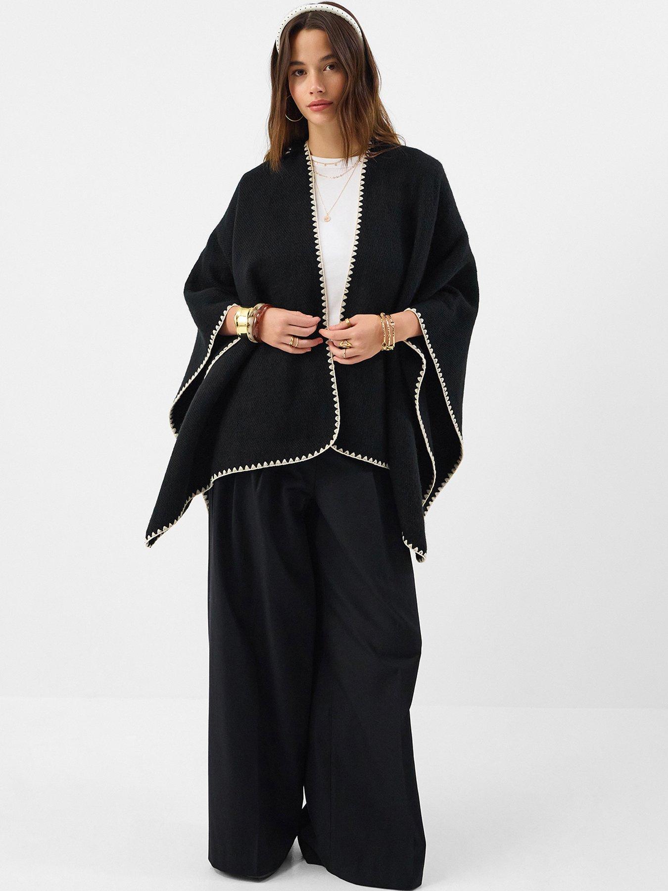 Image 3 of 5 of Accessorize Womens Whipstitch Edge Open Front One Size Poncho - Black