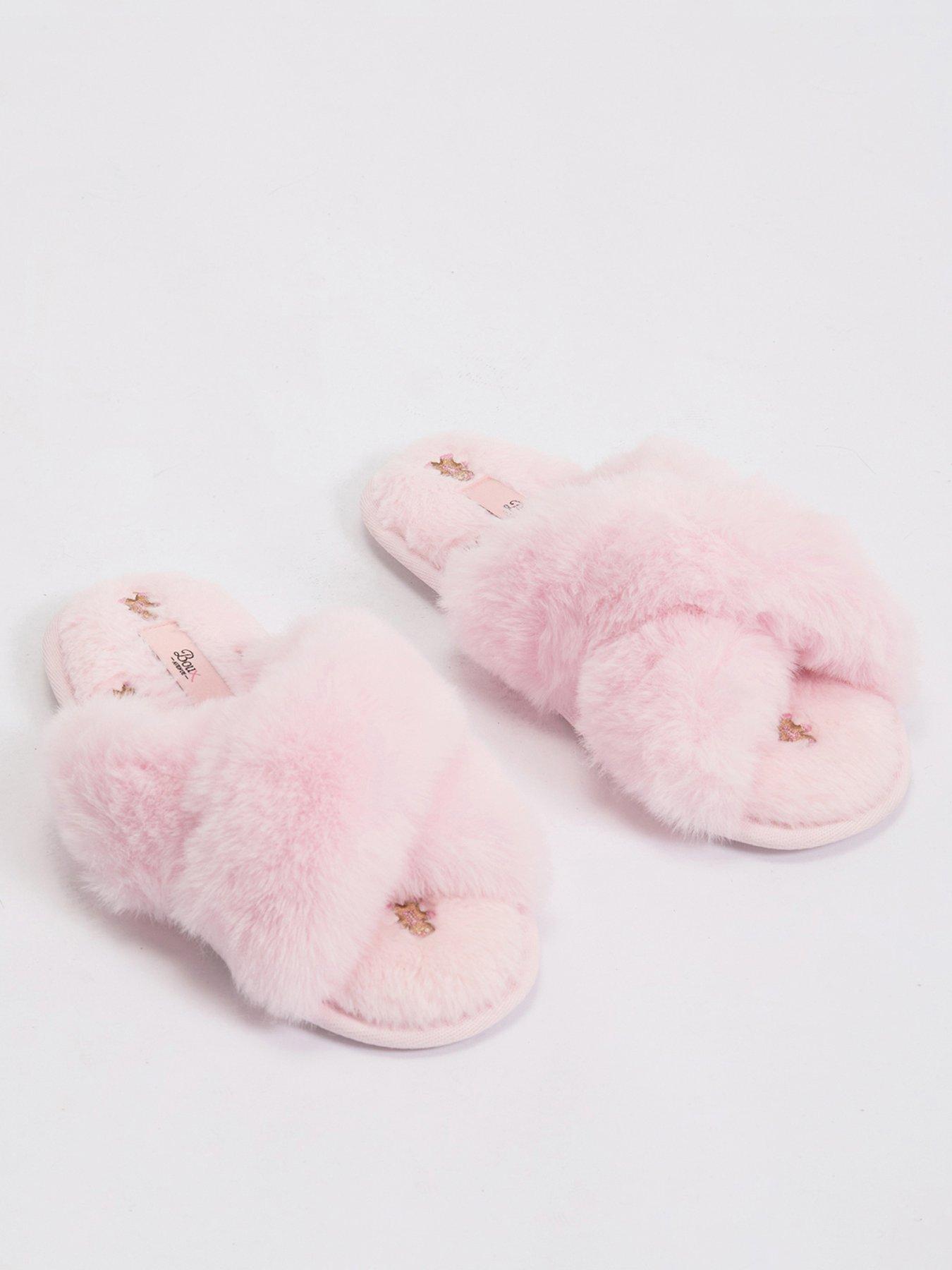 Image 1 of 5 of Boux Avenue Womens Nightwear Gingerbread Fluffy Crossband Embroidered Slippers - Pink