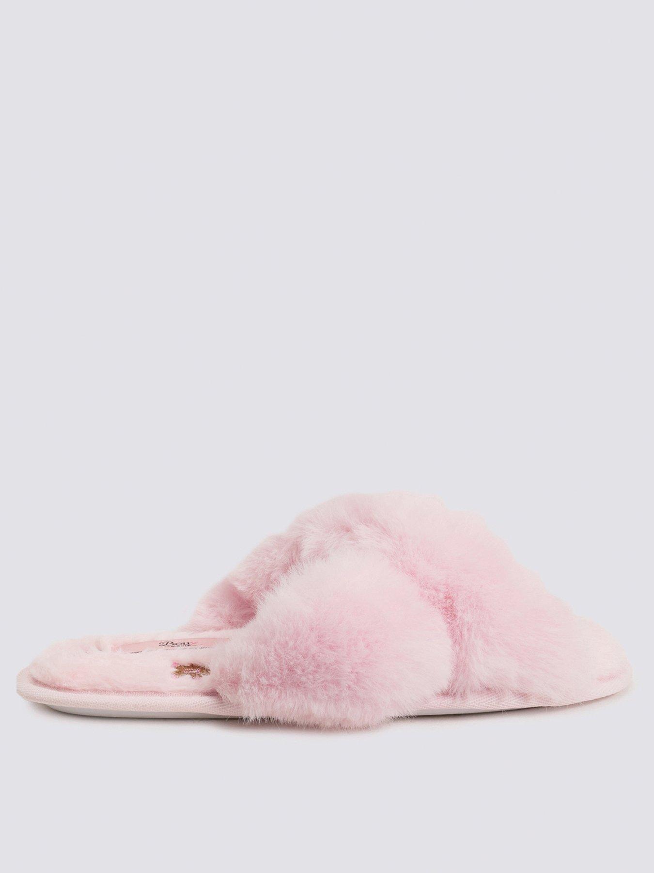 Image 2 of 5 of Boux Avenue Womens Nightwear Gingerbread Fluffy Crossband Embroidered Slippers - Pink