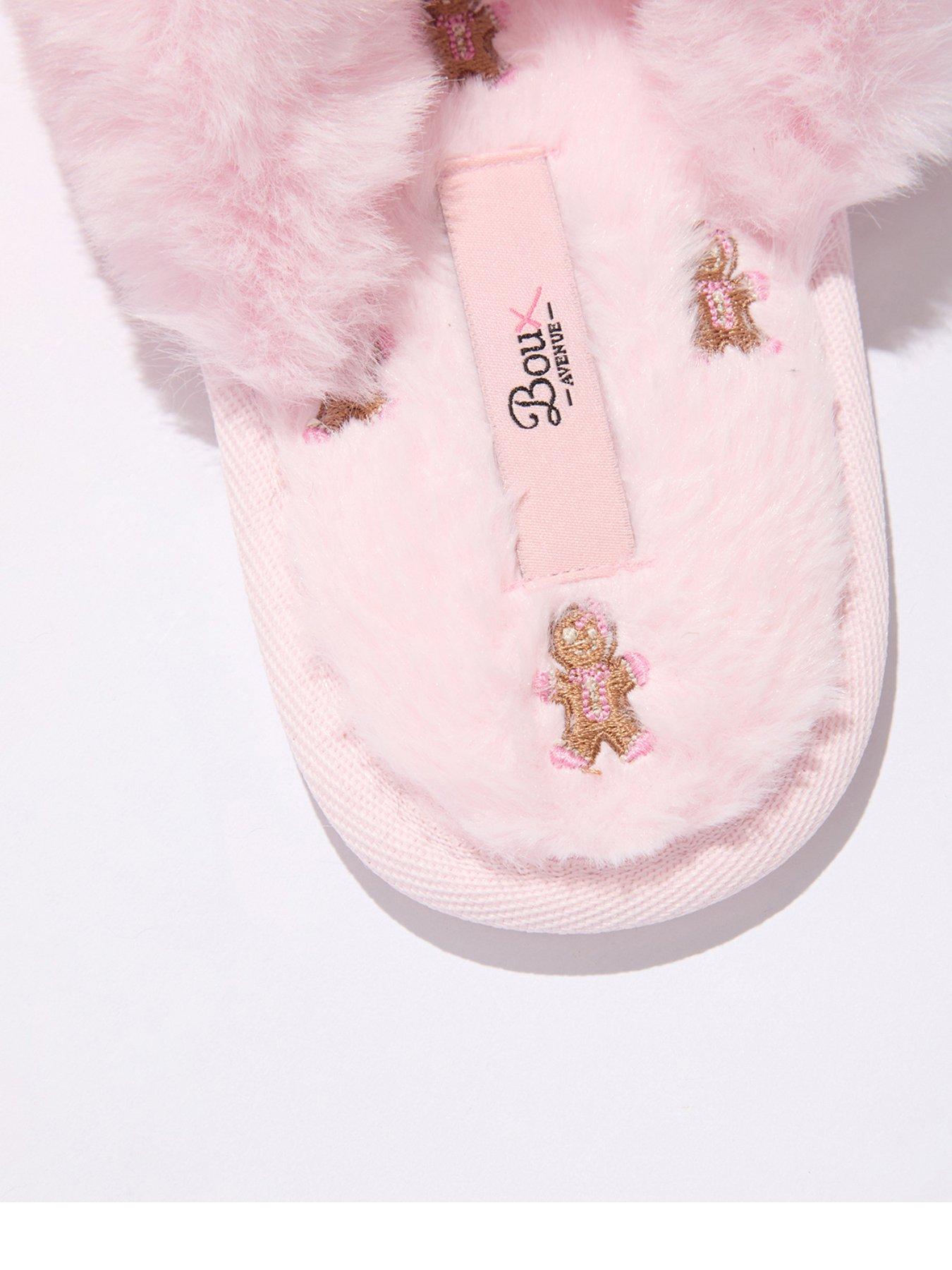 Image 3 of 5 of Boux Avenue Womens Nightwear Gingerbread Fluffy Crossband Embroidered Slippers - Pink