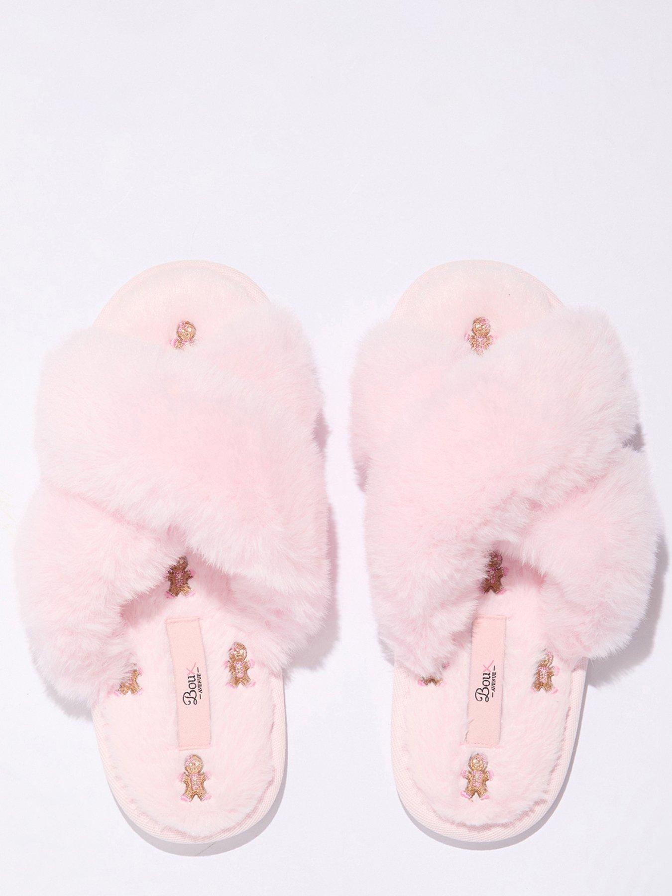 Image 4 of 5 of Boux Avenue Womens Nightwear Gingerbread Fluffy Crossband Embroidered Slippers - Pink