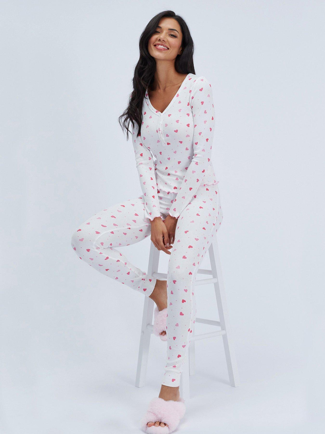 Image 1 of 6 of Boux Avenue Womens Heart Rib Henley Pyjama Set - White