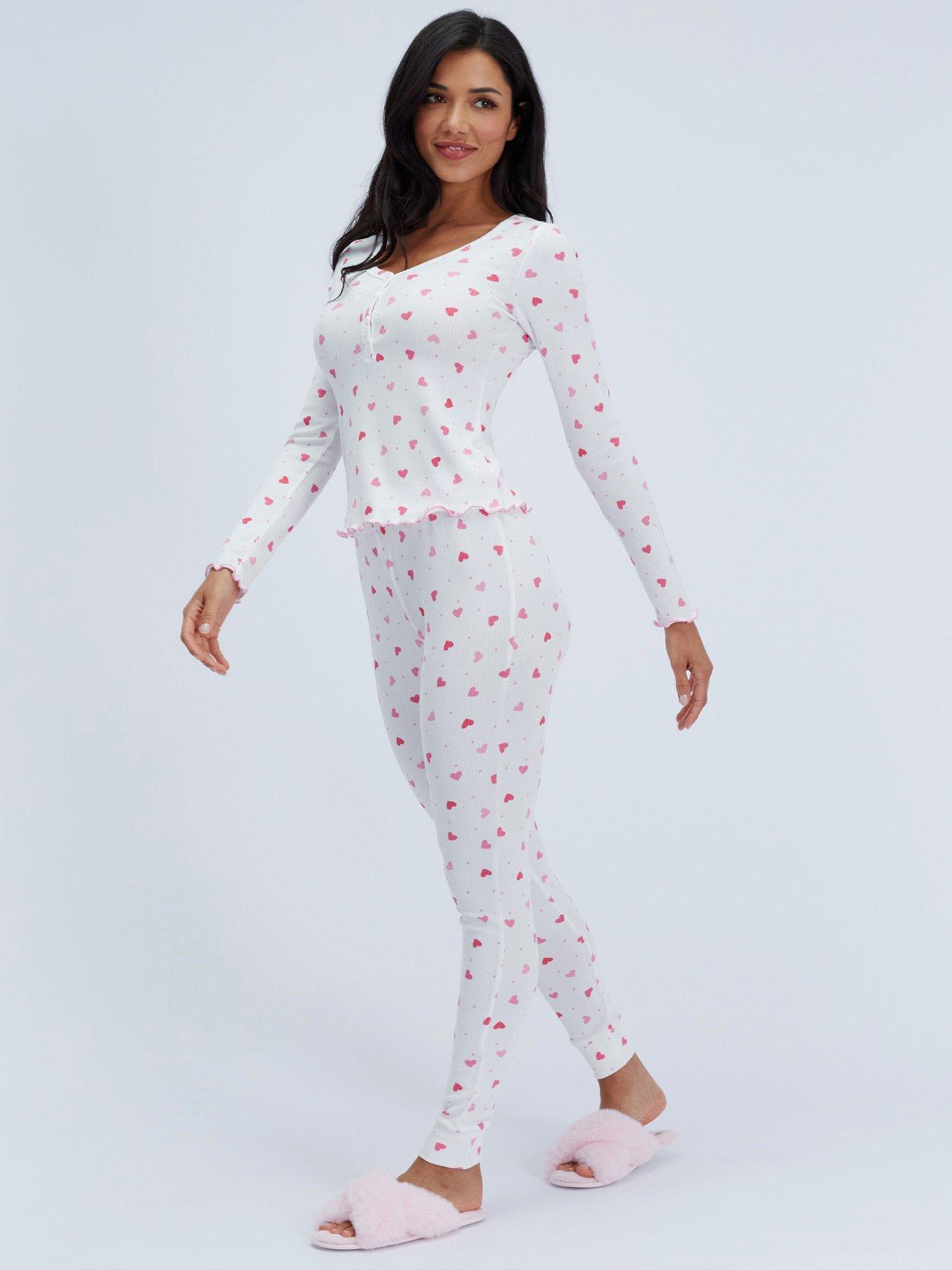Image 3 of 6 of Boux Avenue Womens Heart Rib Henley Pyjama Set - White