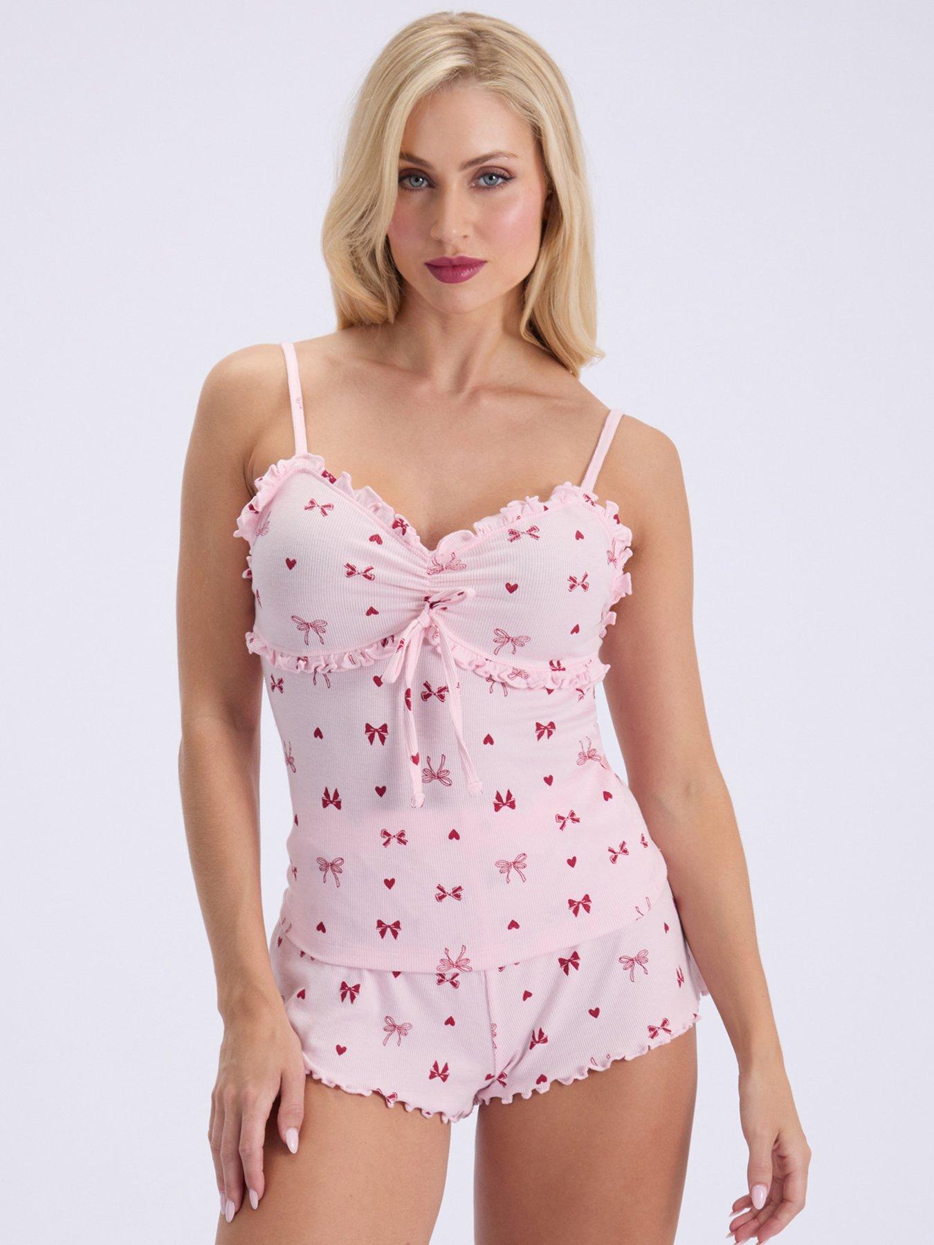 Image 1 of 6 of Boux Avenue Womens Bow Rib Tie Front Short Pyjama Set - Pink