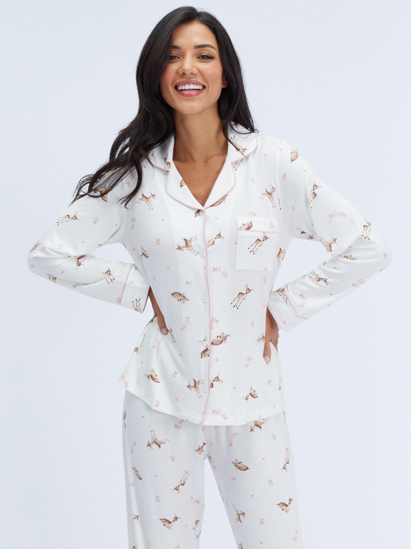Image 4 of 6 of Boux Avenue Womens Deer Button-Through Modal Pyjama Set - White