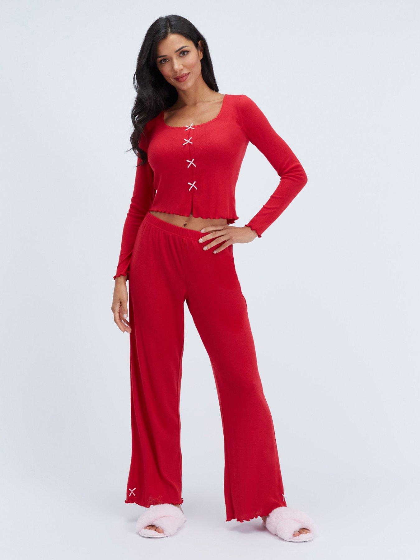 Image 1 of 6 of Boux Avenue Womens Pointelle Bow Trim Pyjama Set - Red Mix