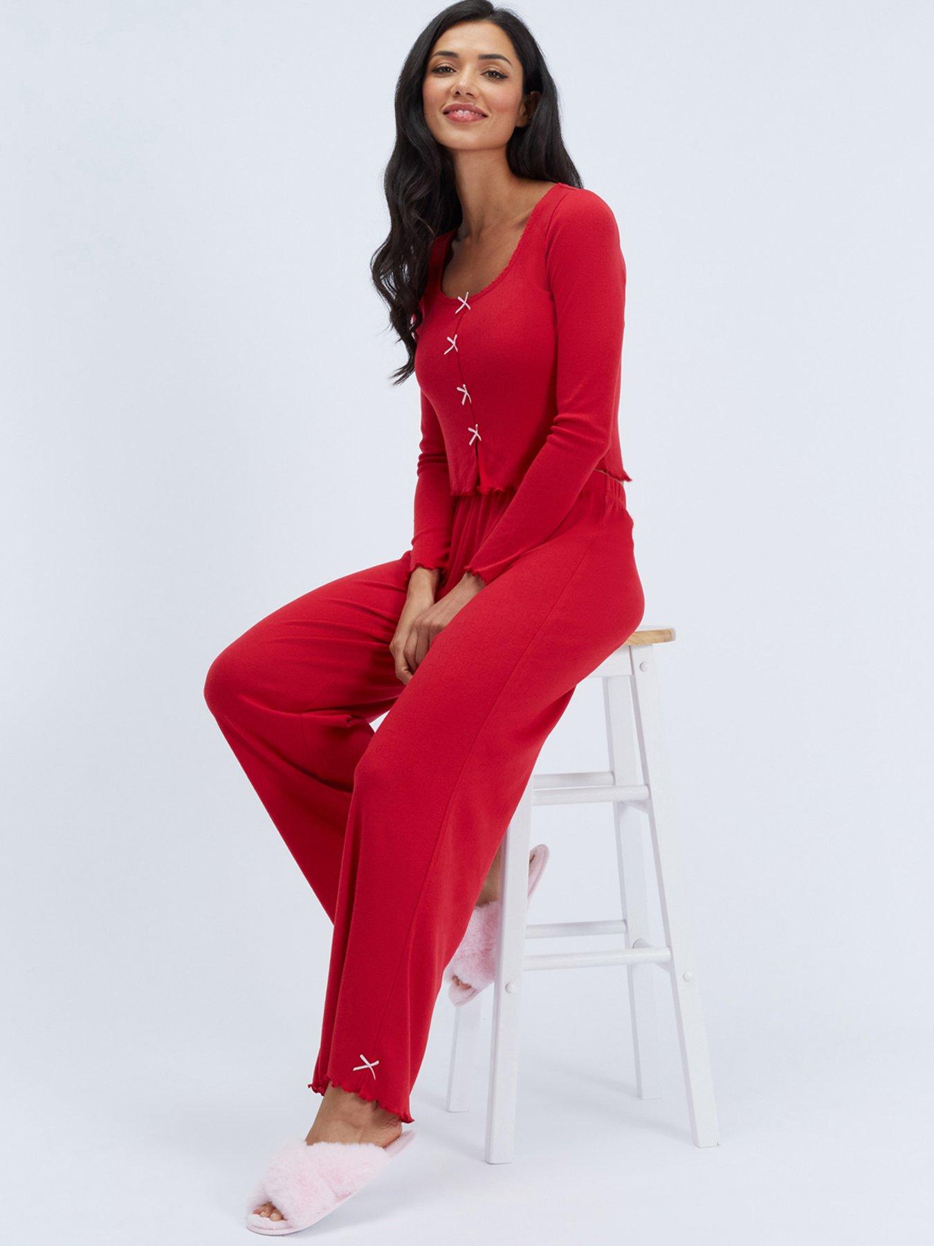 Image 3 of 6 of Boux Avenue Womens Pointelle Bow Trim Pyjama Set - Red Mix