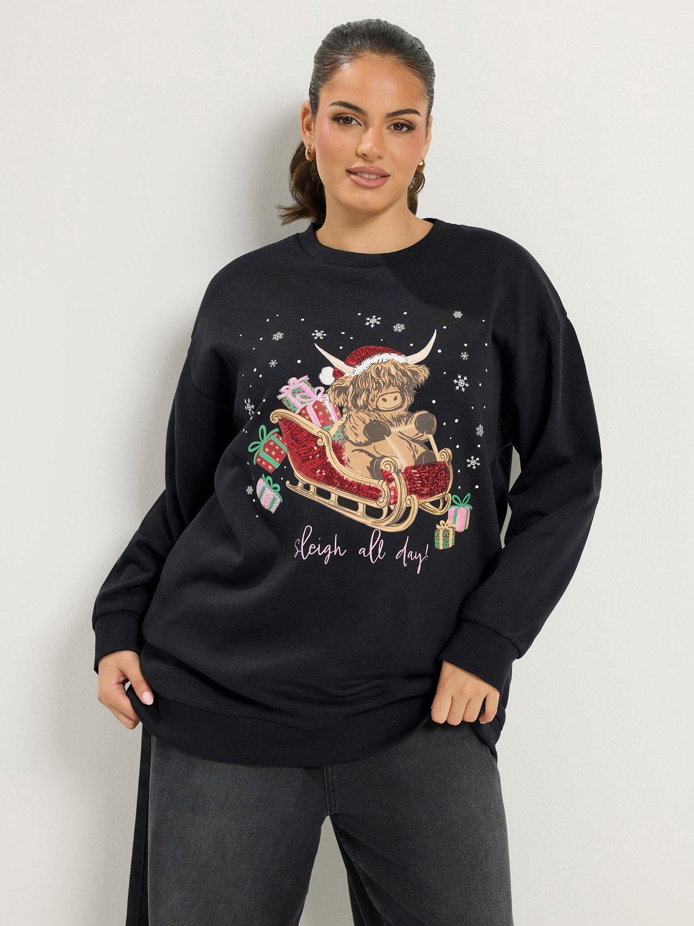 Image 1 of 4 of Yours Womens Curve Highland Cow Sequin Christmas Sweatshirt - Black