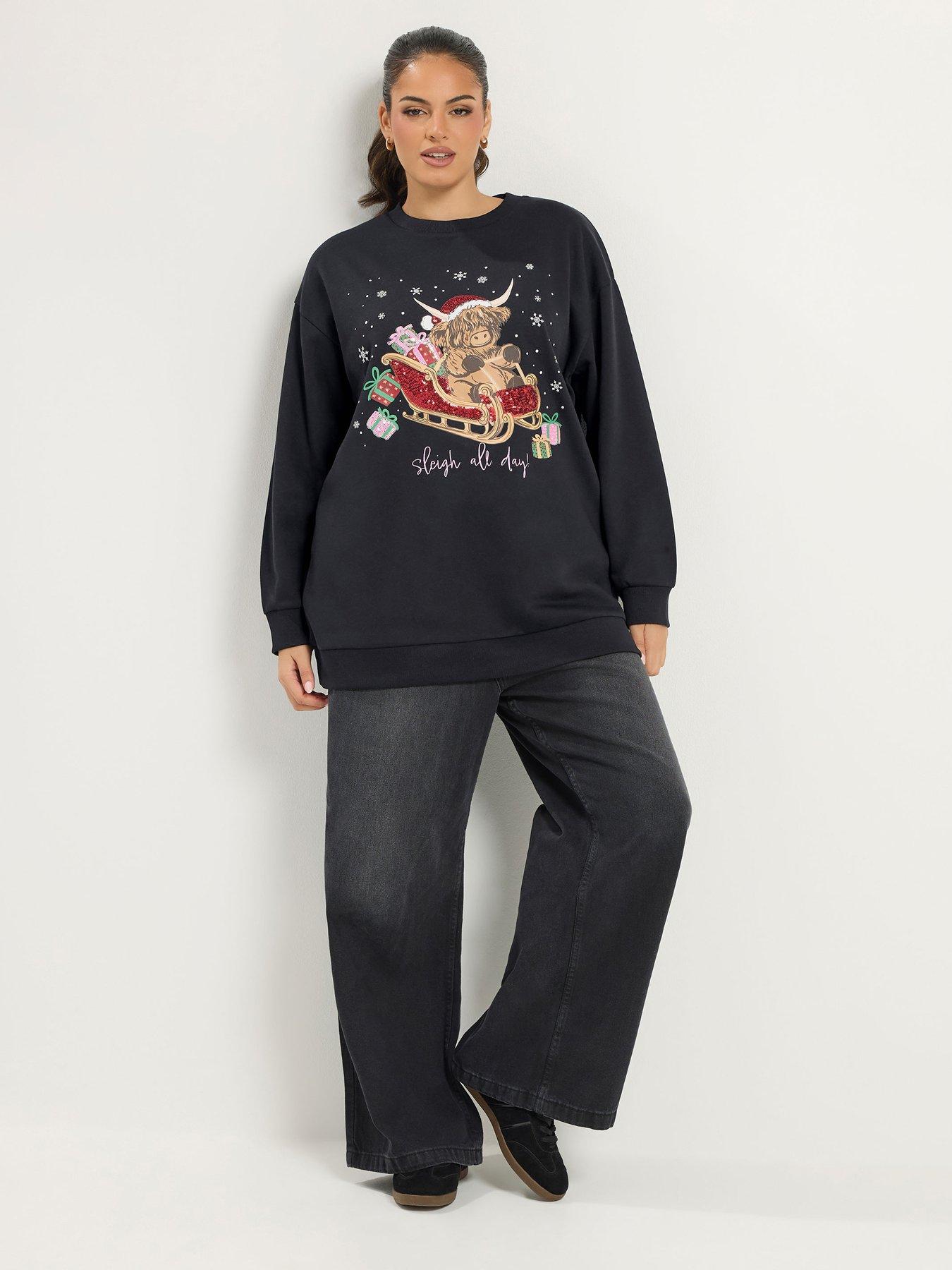 Image 3 of 4 of Yours Womens Curve Highland Cow Sequin Christmas Sweatshirt - Black