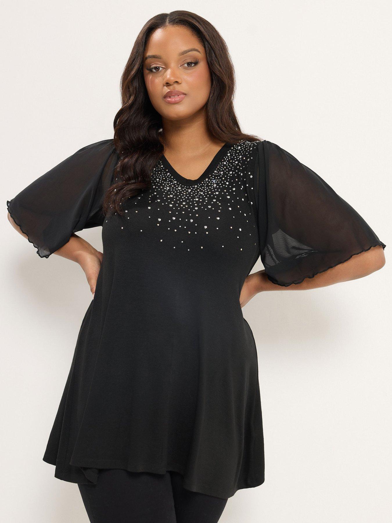 Image 1 of 4 of Yours Womens Curve Diamante Mesh Sleeve Blouse - Black