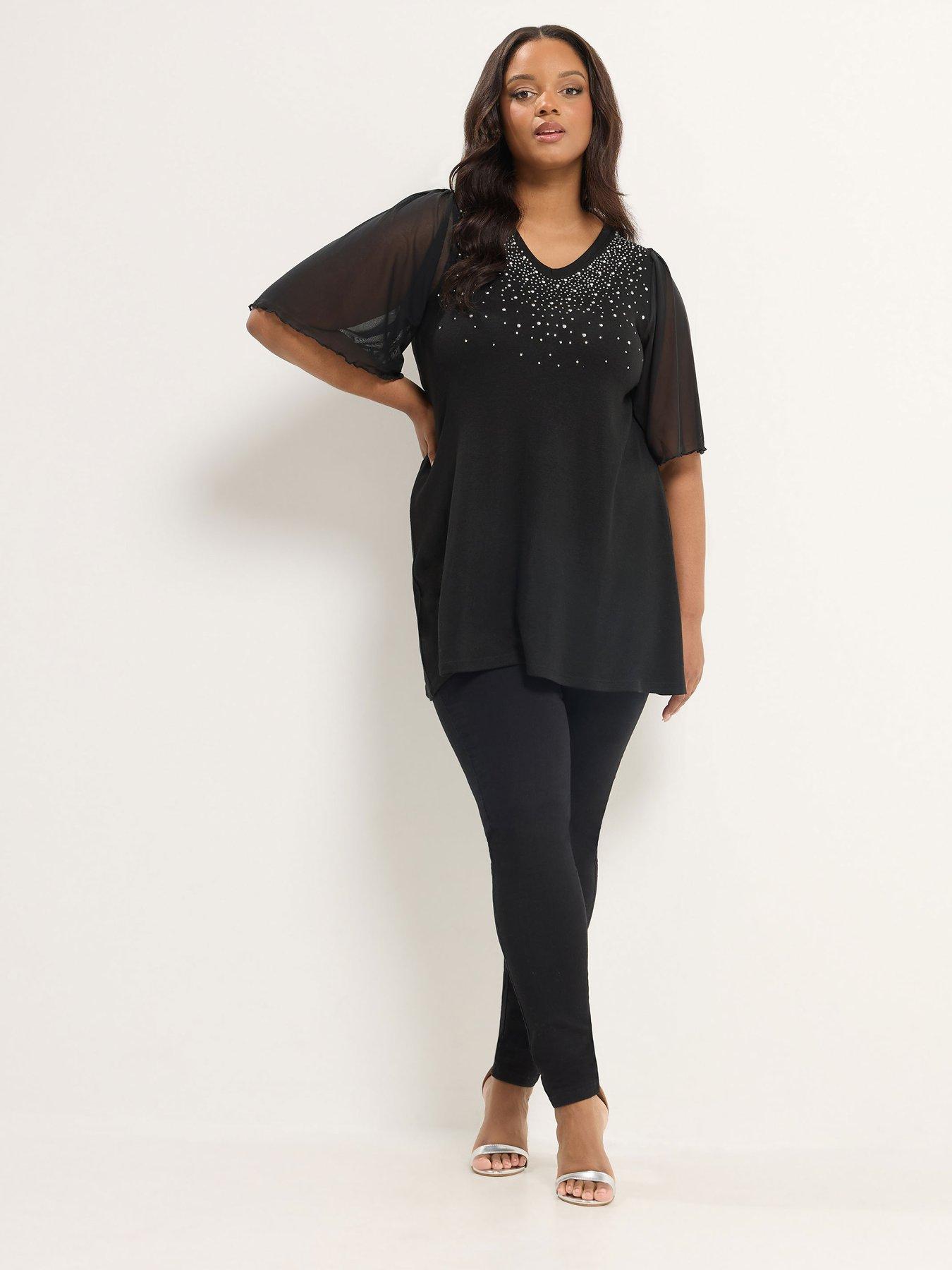 Image 3 of 4 of Yours Womens Curve Diamante Mesh Sleeve Blouse - Black