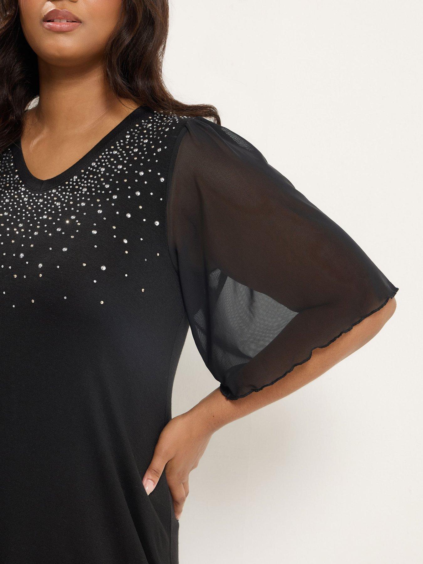 Image 4 of 4 of Yours Womens Curve Diamante Mesh Sleeve Blouse - Black