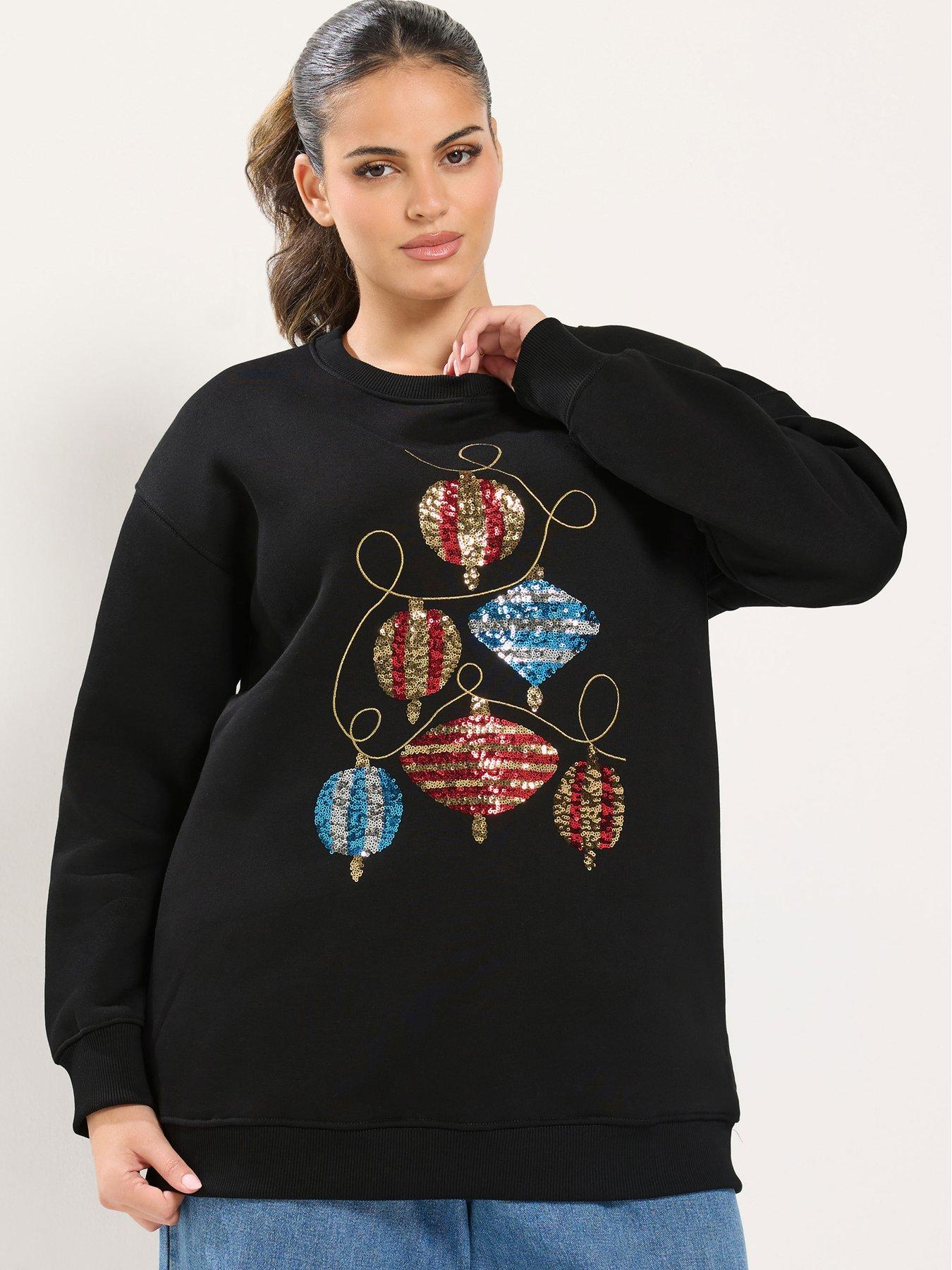 Image 1 of 4 of Yours Womens Curve Sequin Christmas Bauble Soft-Touch Jumper - Black