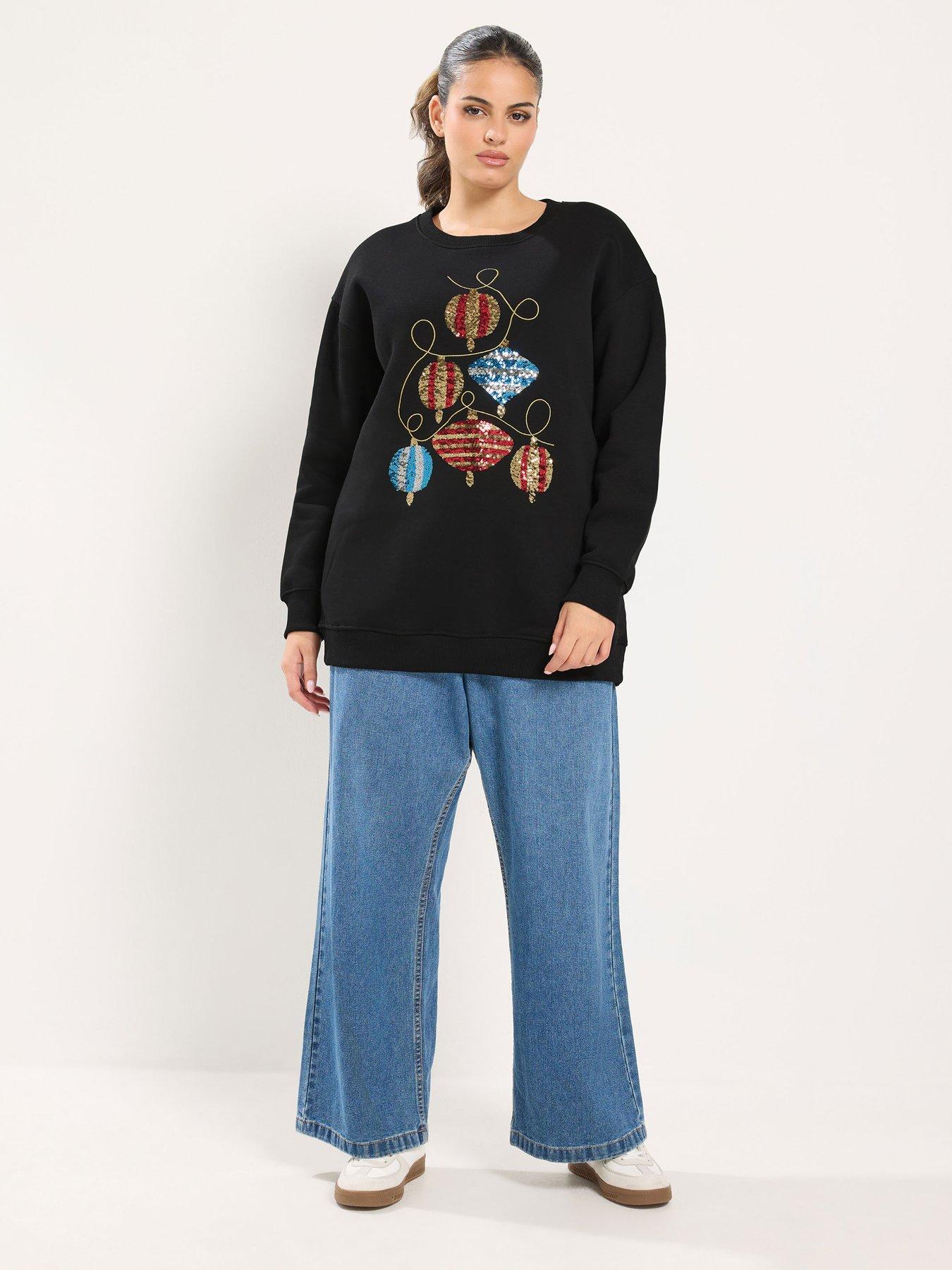 Image 3 of 4 of Yours Womens Curve Sequin Christmas Bauble Soft-Touch Jumper - Black