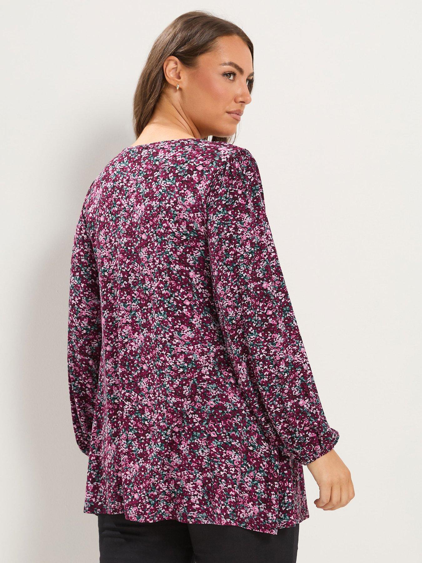 Image 2 of 4 of Yours Womens Curve Pleat Front V-Neck Long Sleeve Top - Purple