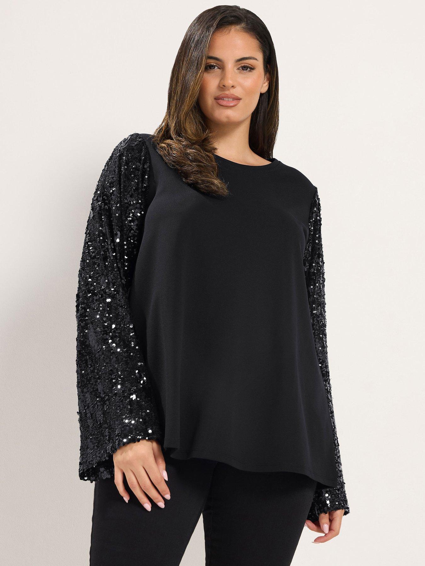 Image 1 of 4 of Yours Womens Curve Sequin Sleeve Swing Top - Black